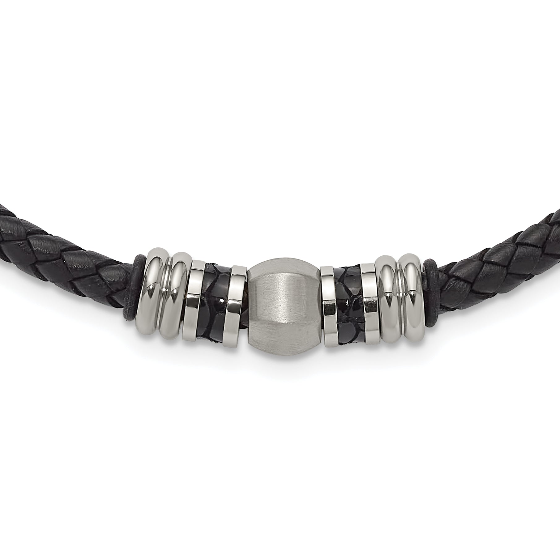 Chisel Stainless Steel Brushed and Polished Black Leather and Rubber 19 inch Necklace