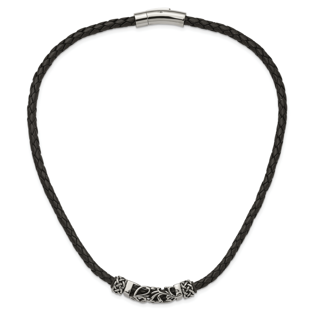 Chisel Stainless Steel Black Leather with Antiqued Beads 19.75 inch Necklace