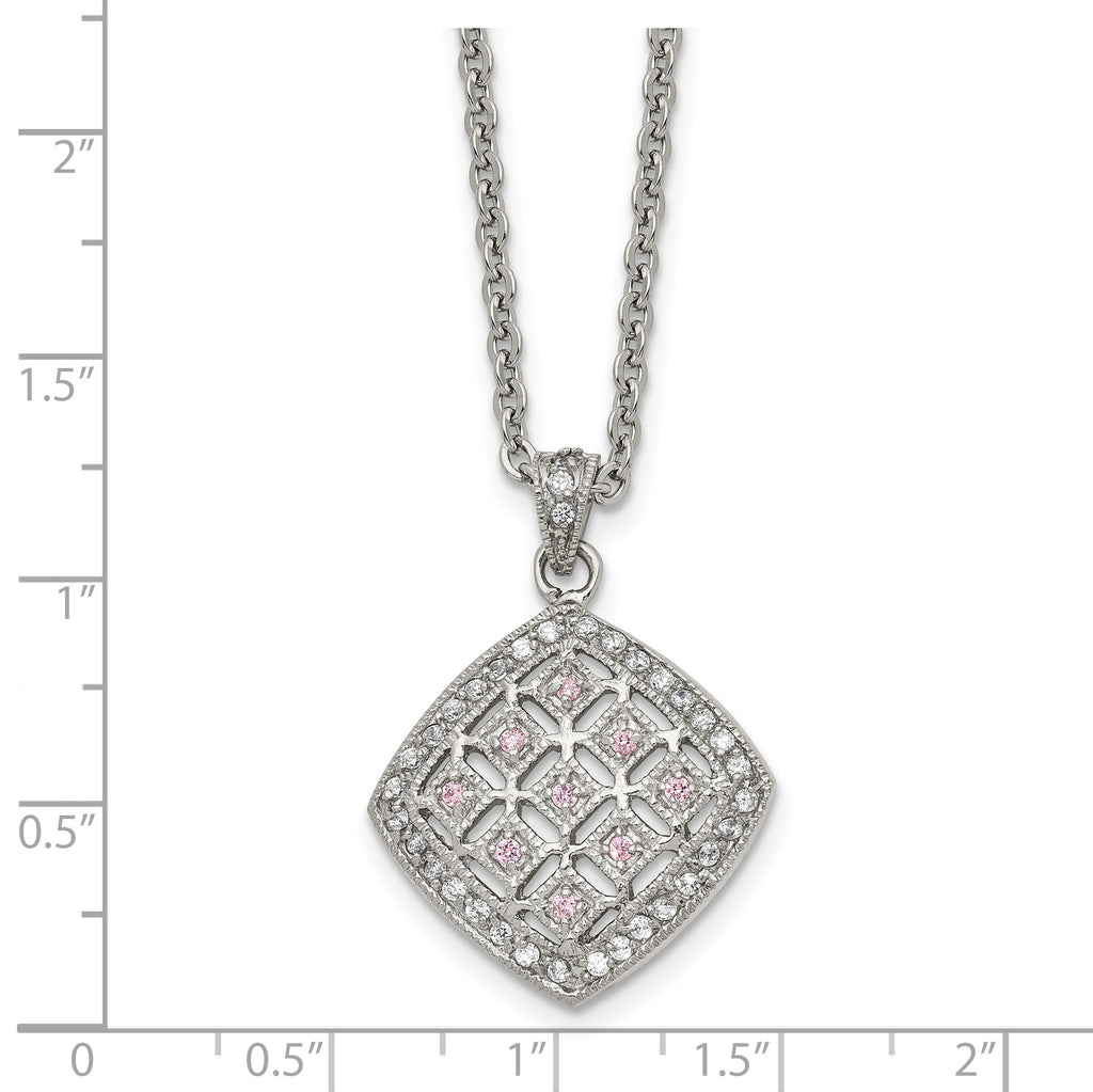 Clear & Pink CZ Square Pendant Necklace in Stainless Steel