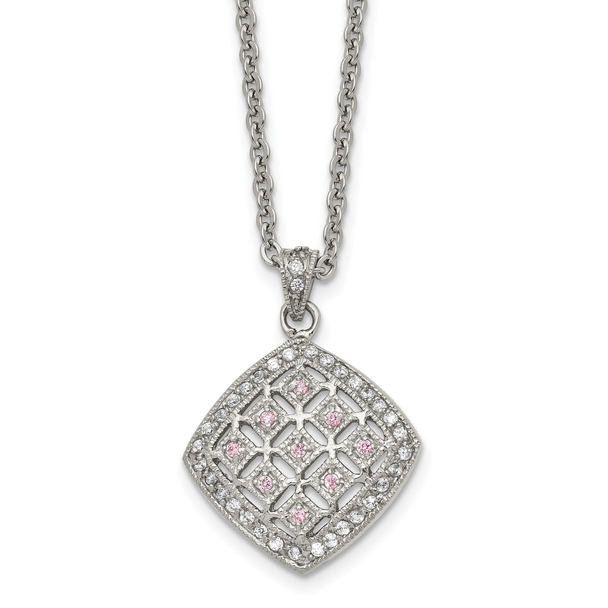 Chisel Stainless Steel Polished Clear and Pink CZ Square Pendant on a 18 inch Cable Chain Necklace