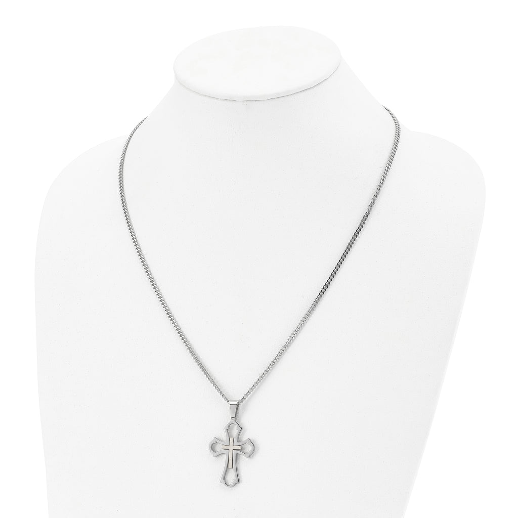 Chisel Stainless Steel Brushed and Polished Yellow IP-plated Cross Pendant on a 22 inch Curb Chain Necklace