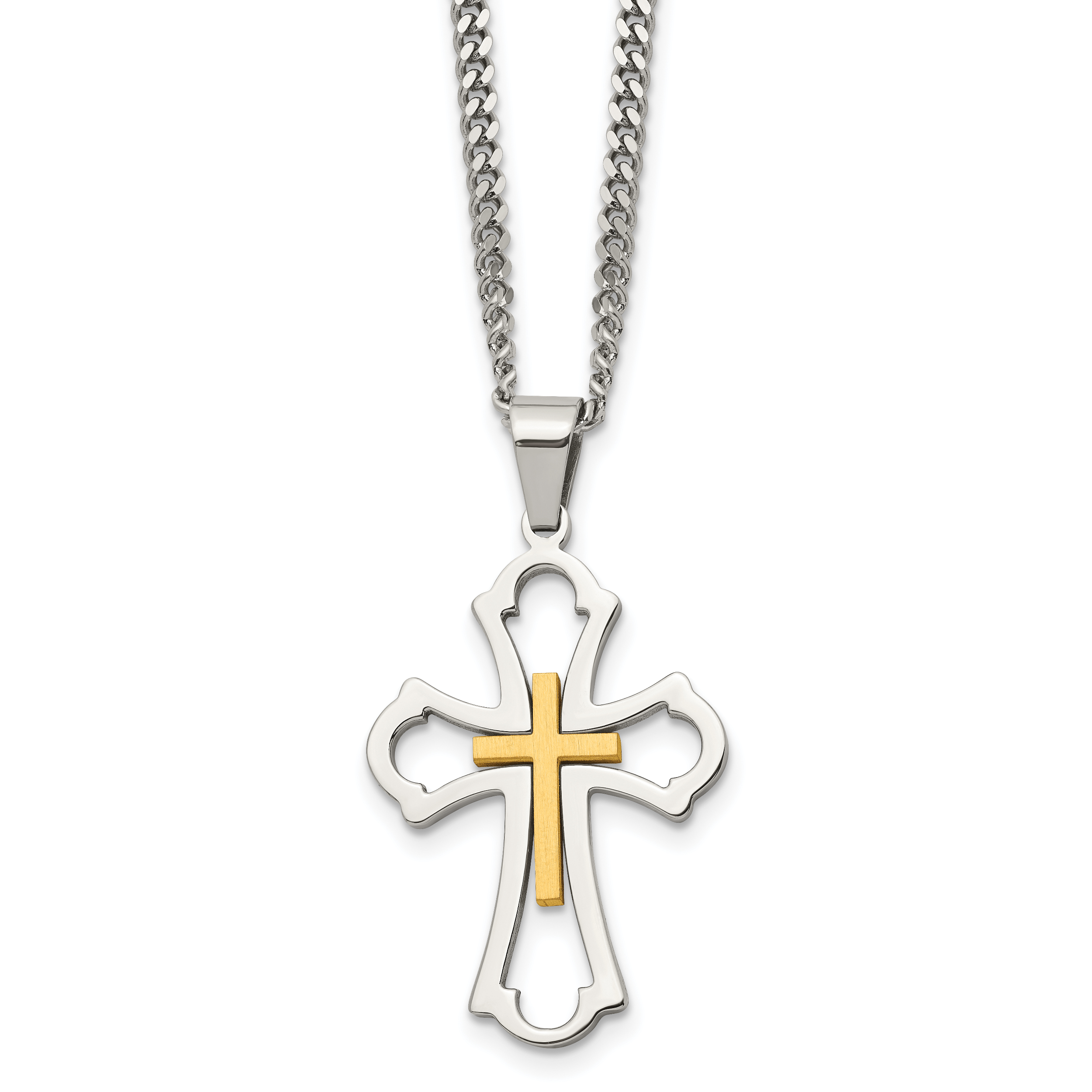 Chisel Stainless Steel Brushed and Polished Yellow IP-plated Cross Pendant on a 22 inch Curb Chain Necklace Main image