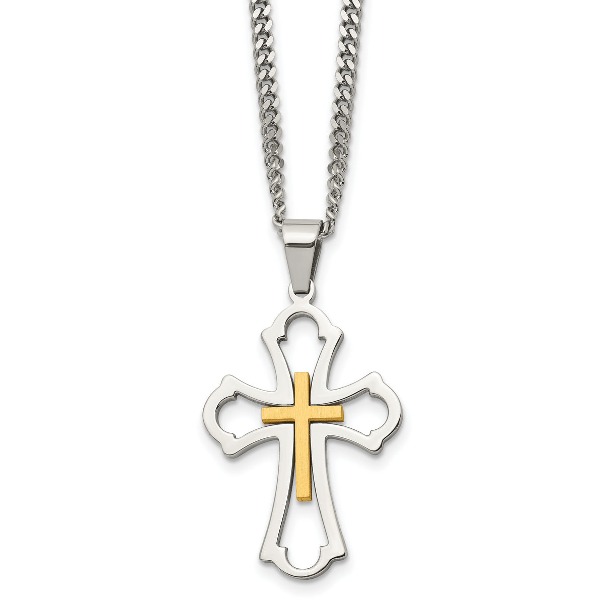 Chisel Stainless Steel Brushed and Polished Yellow IP-plated Cross Pendant on a 22 inch Curb Chain Necklace
