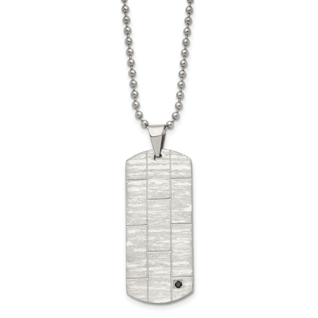 Chisel Stainless Steel Polished and Satin with Black CZ Dog Tag on a 20 inch Ball Chain Necklace