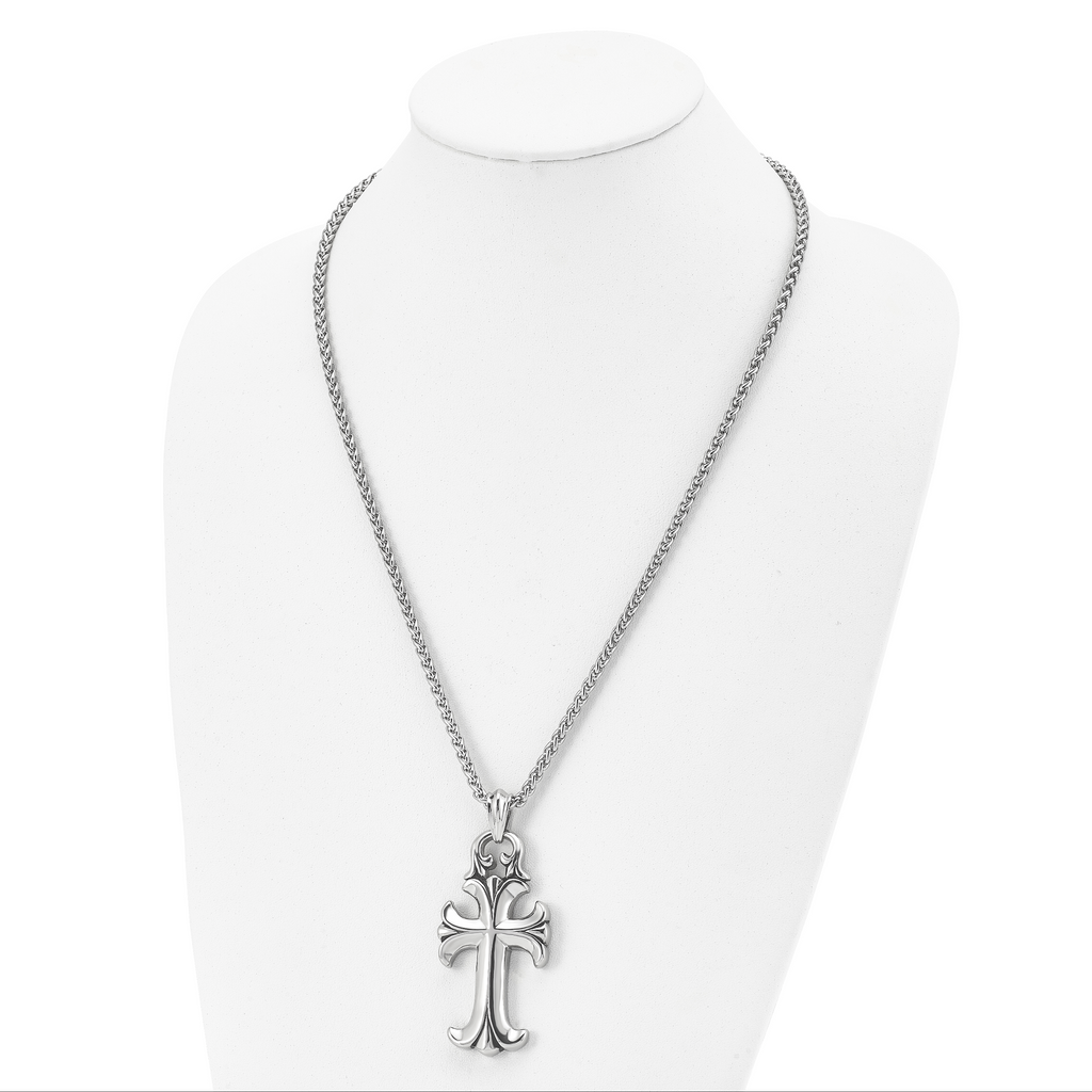 Chisel Stainless Steel Antiqued and Polished Cross Pendant on a 24 inch Spiga Chain Necklace