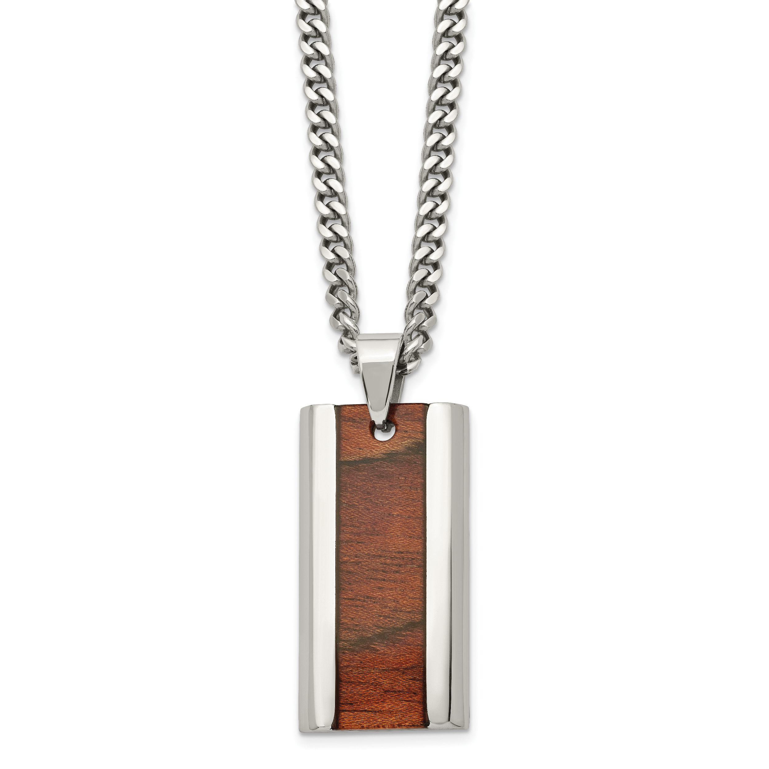 Chisel Stainless Steel Polished Koa Wood Inlay Enameled Pendant on a 20 inch Curb Chain Necklace Main image