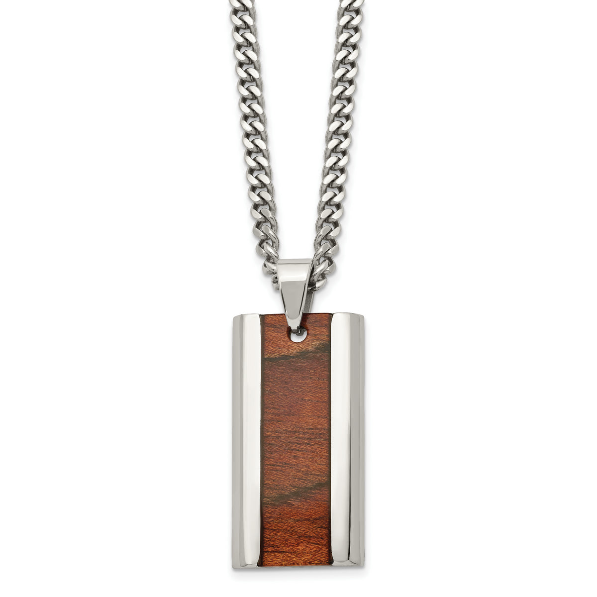 Chisel Stainless Steel Polished Koa Wood Inlay Enameled Pendant on a 20 inch Curb Chain Necklace