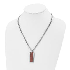 Chisel Stainless Steel Polished Red/Orange Koa Wood Inlay Enameled Pendant on a 20 inch Curb Chain Necklace