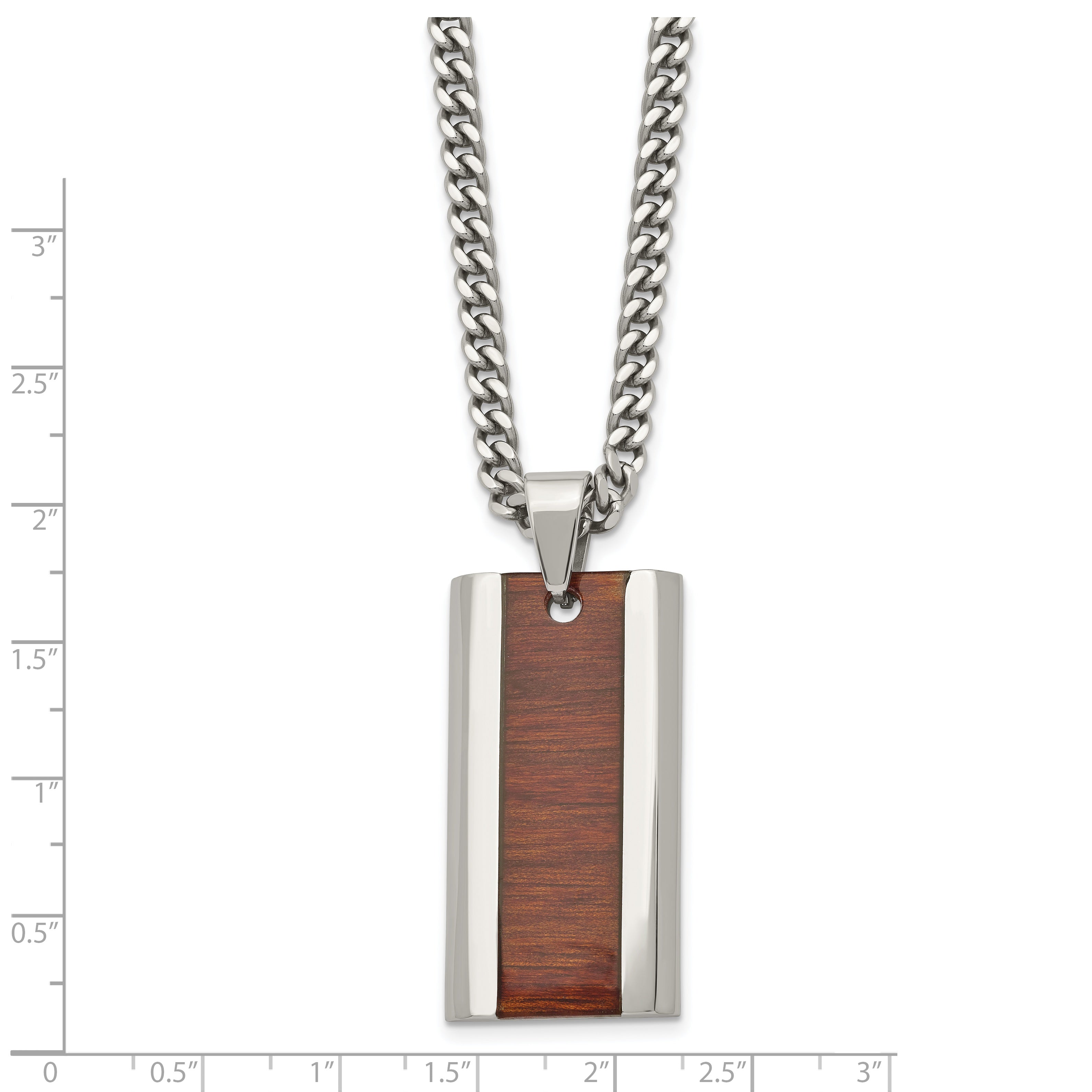 Chisel Stainless Steel Polished Red/Orange Koa Wood Inlay Enameled Pendant on a 20 inch Curb Chain Necklace