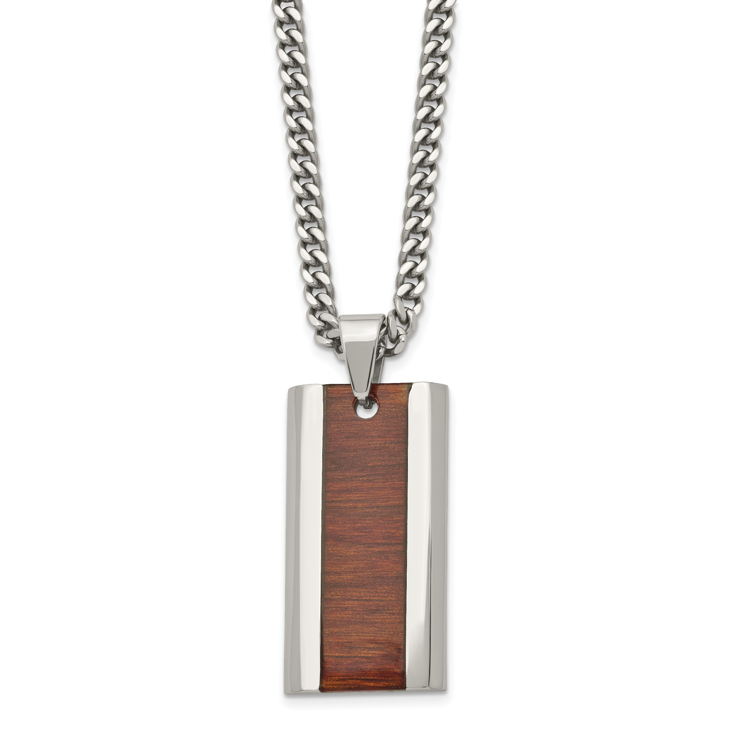 Chisel Stainless Steel Polished Red/Orange Koa Wood Inlay Enameled Pendant on a 20 inch Curb Chain Necklace Main image