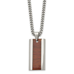 Chisel Stainless Steel Polished Red/Orange Koa Wood Inlay Enameled Pendant on a 20 inch Curb Chain Necklace
