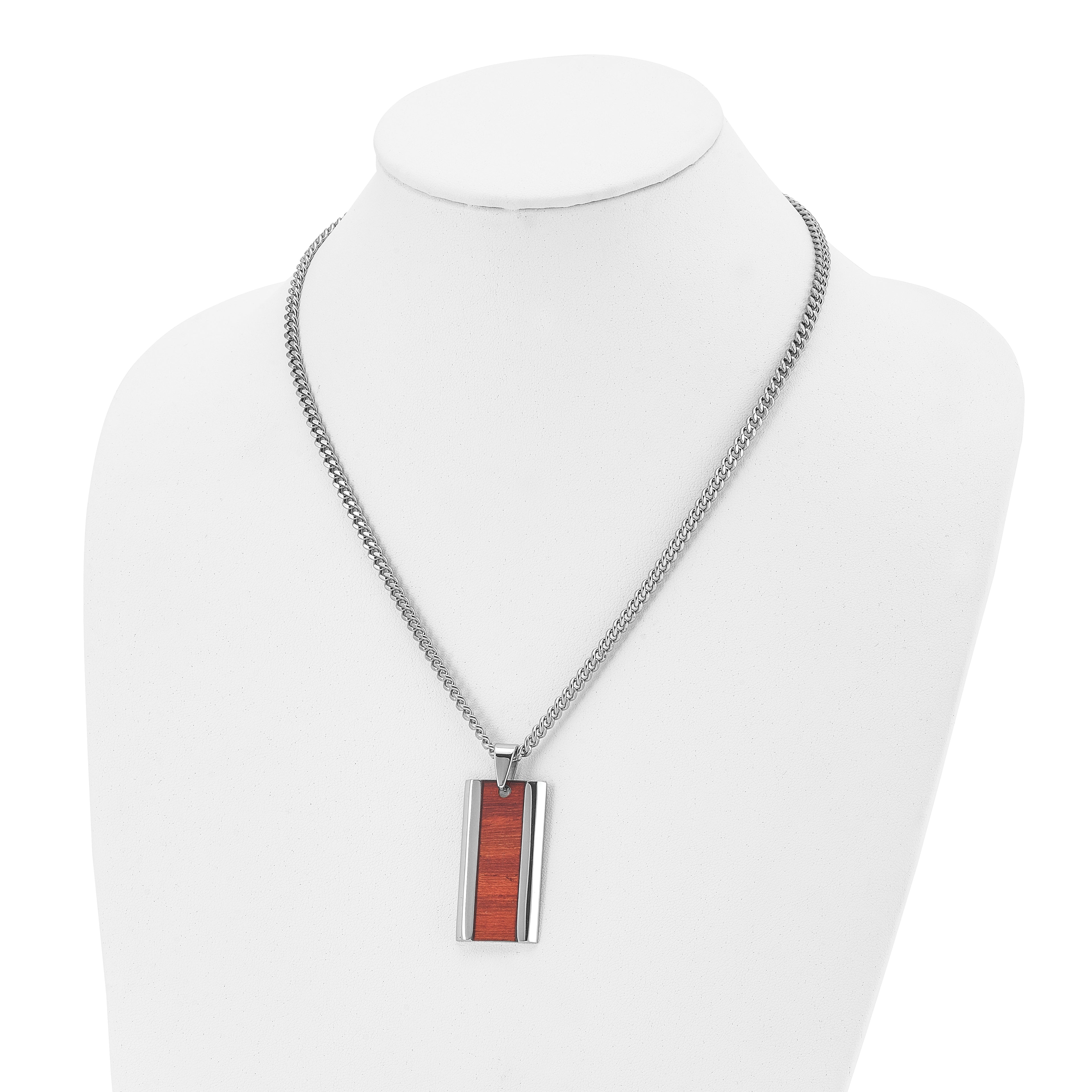 Chisel Stainless Steel Polished Red Koa Wood Inlay Enameled Pendant on a 20 inch Curb Chain Necklace