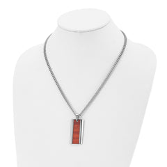 Chisel Stainless Steel Polished Red Koa Wood Inlay Enameled Pendant on a 20 inch Curb Chain Necklace