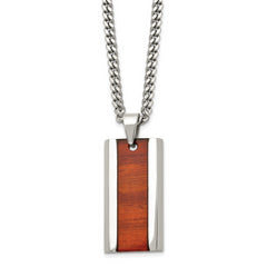 Chisel Stainless Steel Polished Red Koa Wood Inlay Enameled Pendant on a 20 inch Curb Chain Necklace