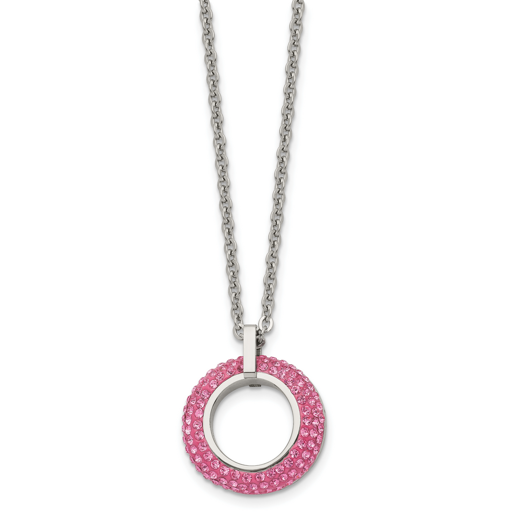 Pink Crystal Circle Necklace in Stainless Steel, 18in