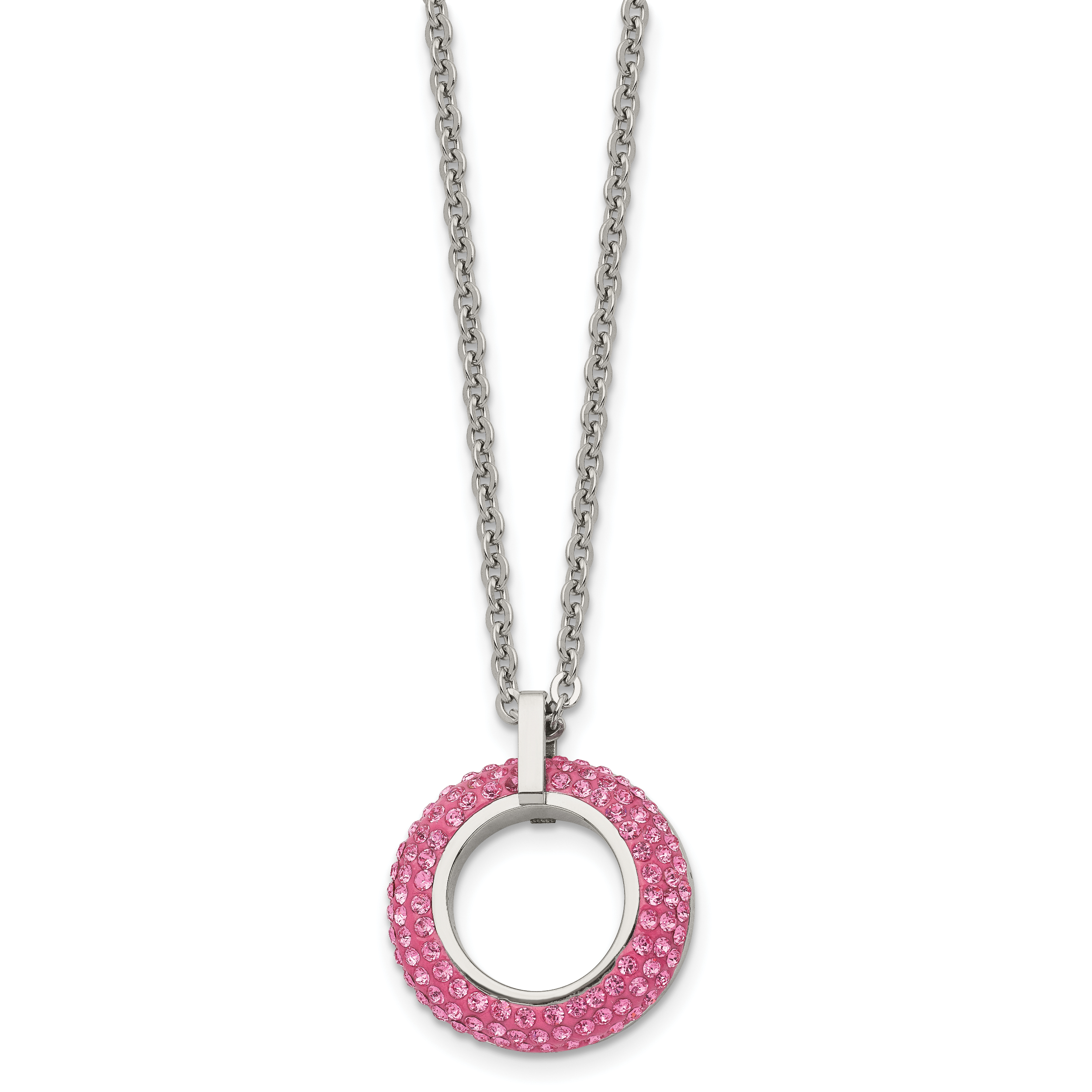 Pink Crystal Circle Necklace in Stainless Steel, 18in