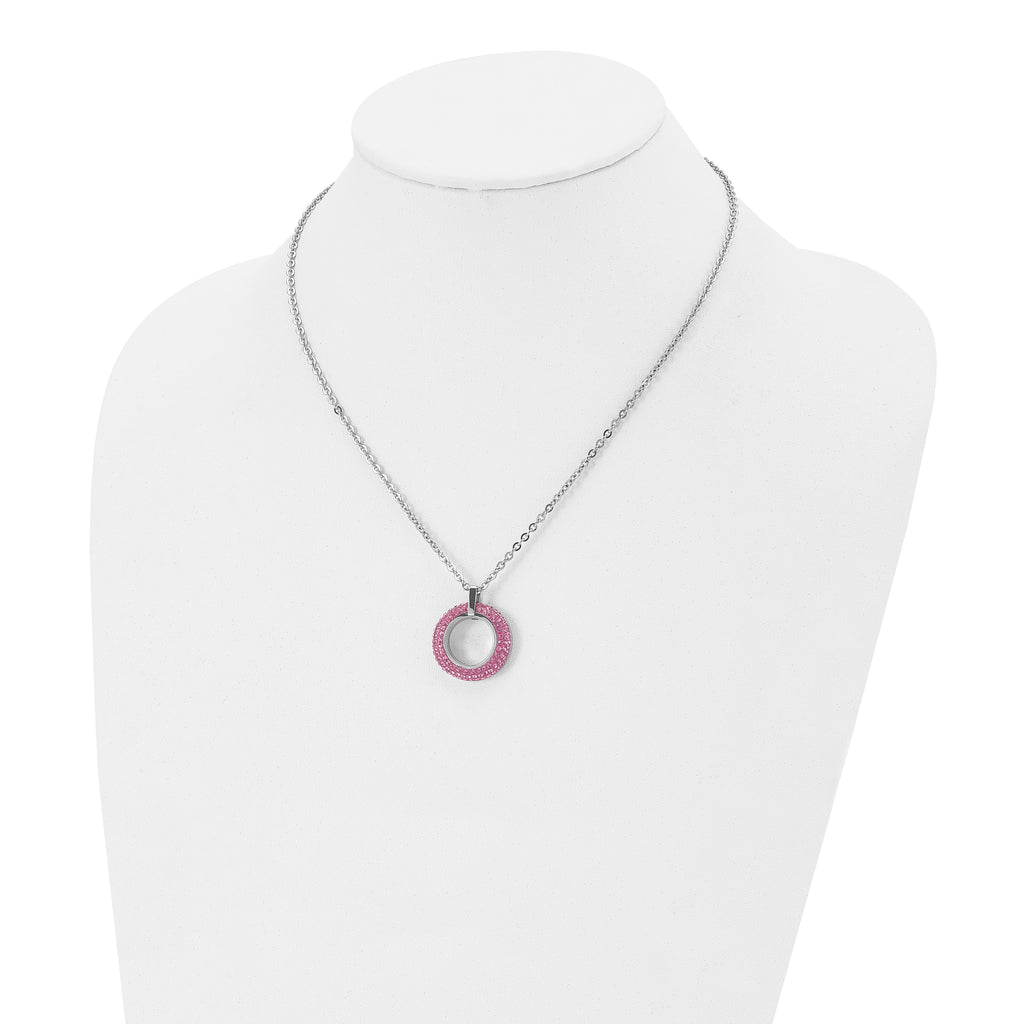 Pink Crystal Circle Necklace in Stainless Steel, 18in