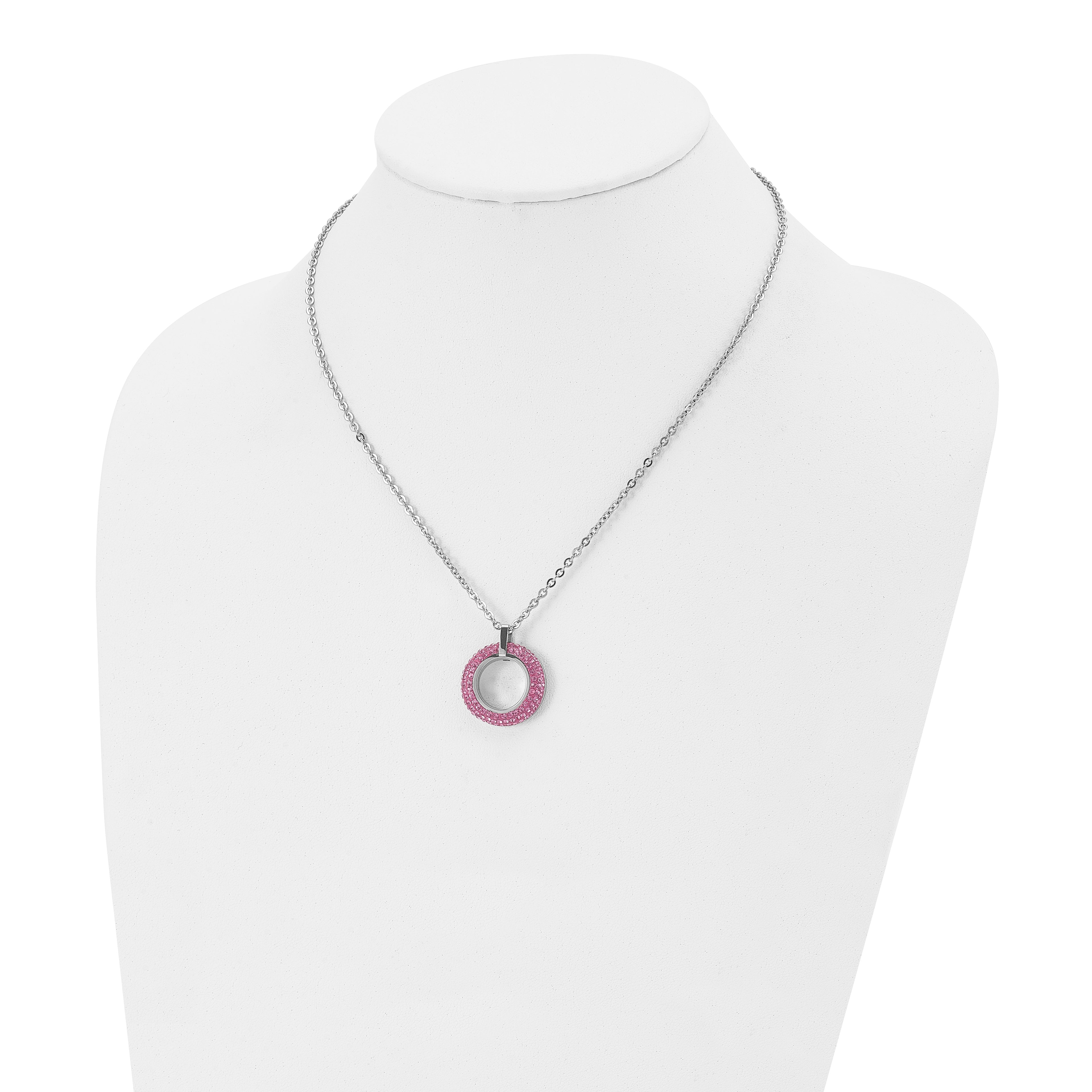 Pink Crystal Circle Necklace in Stainless Steel, 18in