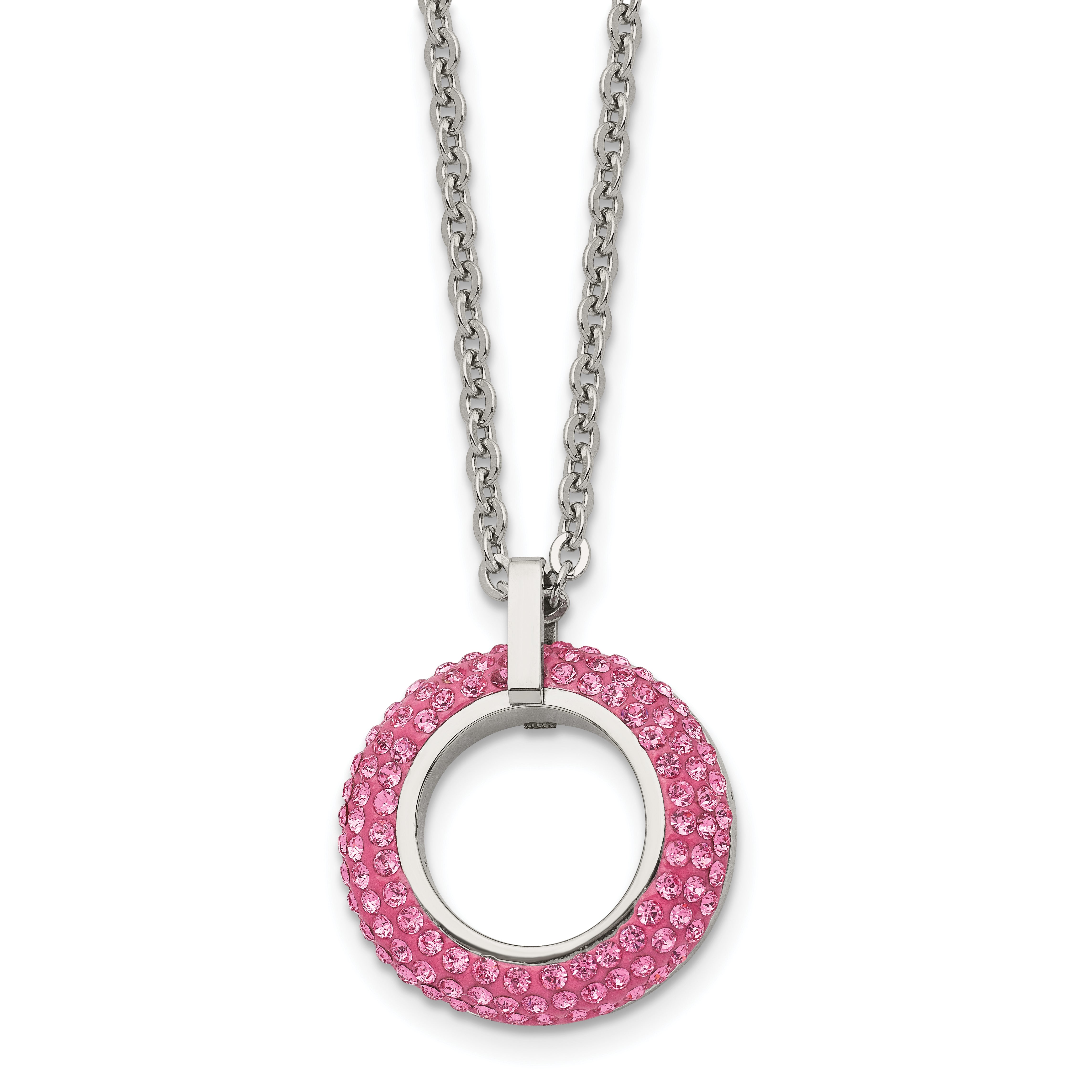 Stainless Steel Polished with Pink Crystal Circle 18in Necklace Main image