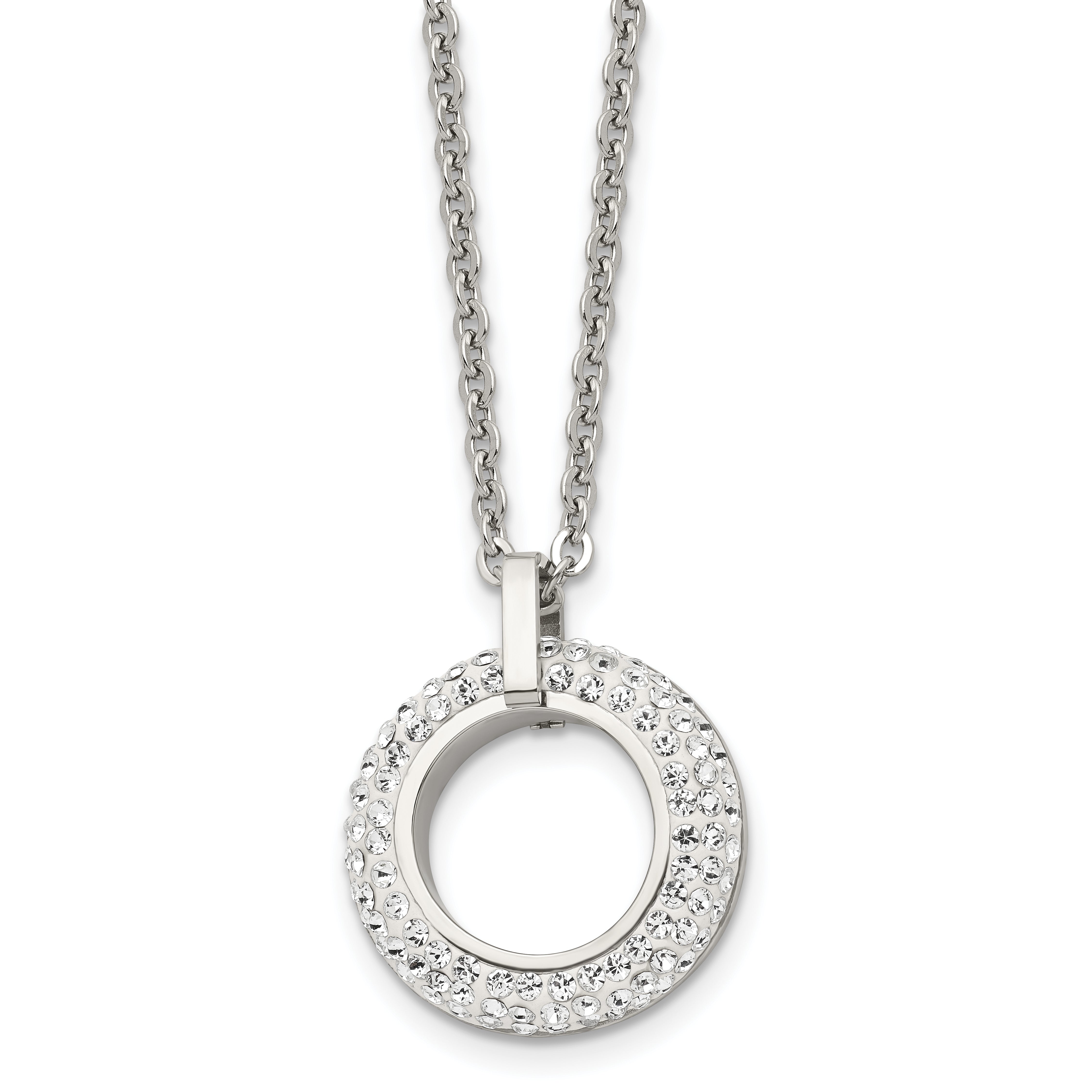 Chisel Stainless Steel Polished White Enameled with Crystals Open Circle Pendant on an 18 inch Cable Chain Necklace Main image