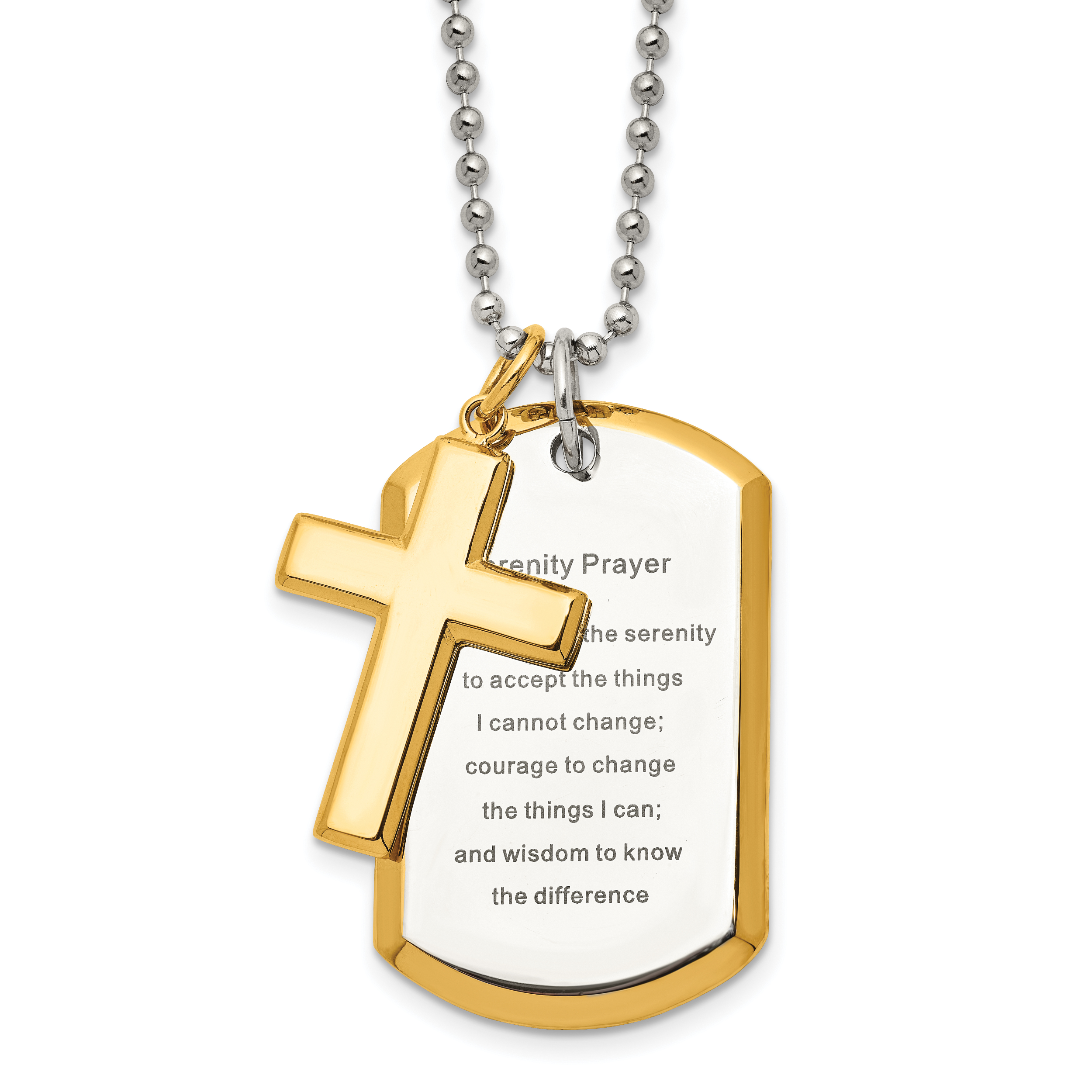 Chisel Stainless Steel Polished Yellow IP-plated 2 Piece Cross and Serenity Prayer Dog Tag on a 24 inch Ball Chain Necklace Main image