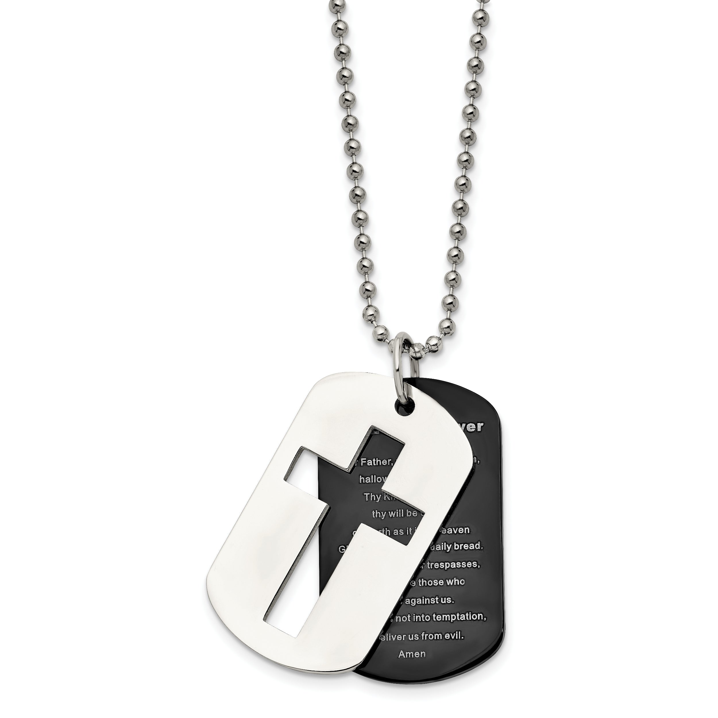 Chisel Stainless Steel Polished Black IP-plated 2 Piece Lord's Prayer Dog Tag on a 24 inch Ball Chain Necklace