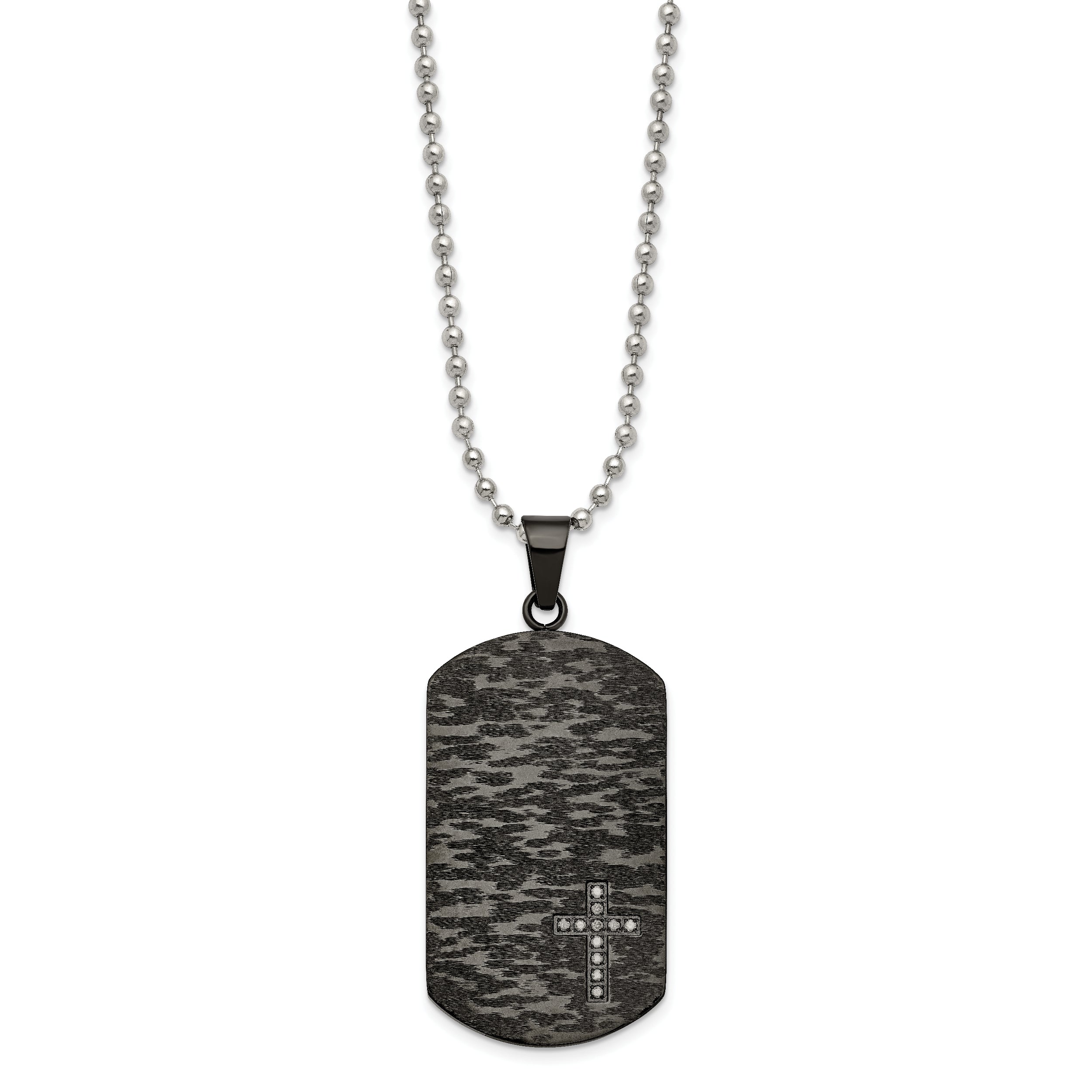 Chisel Stainless Steel Brushed and Polished Black IP-plated 1/10 Carat Diamond Cross Dog Tag on a 24 inch Ball Chain Necklace