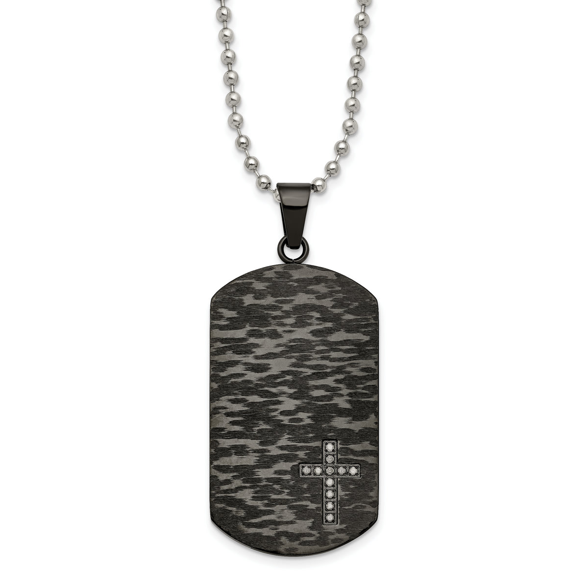 Chisel Stainless Steel Brushed and Polished Black IP-plated 1/10 Carat Diamond Cross Dog Tag on a 24 inch Ball Chain Necklace