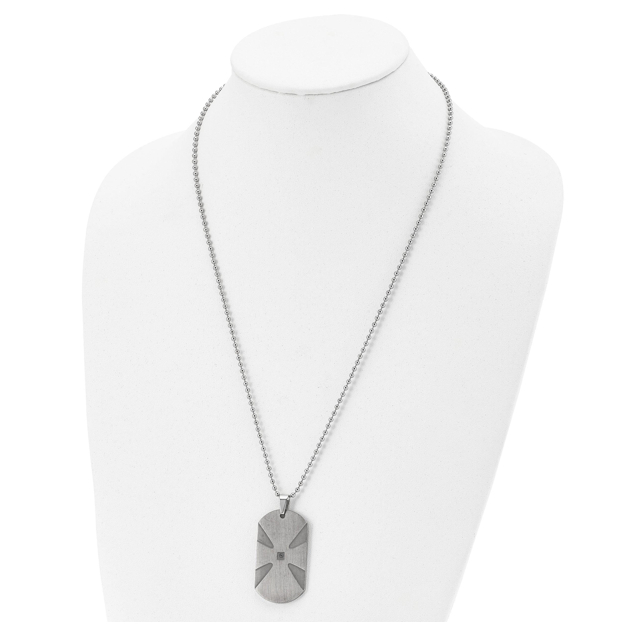 Stainless Steel Brushed .03ct Black Diamond Cross Dog Tag 24in Necklace
