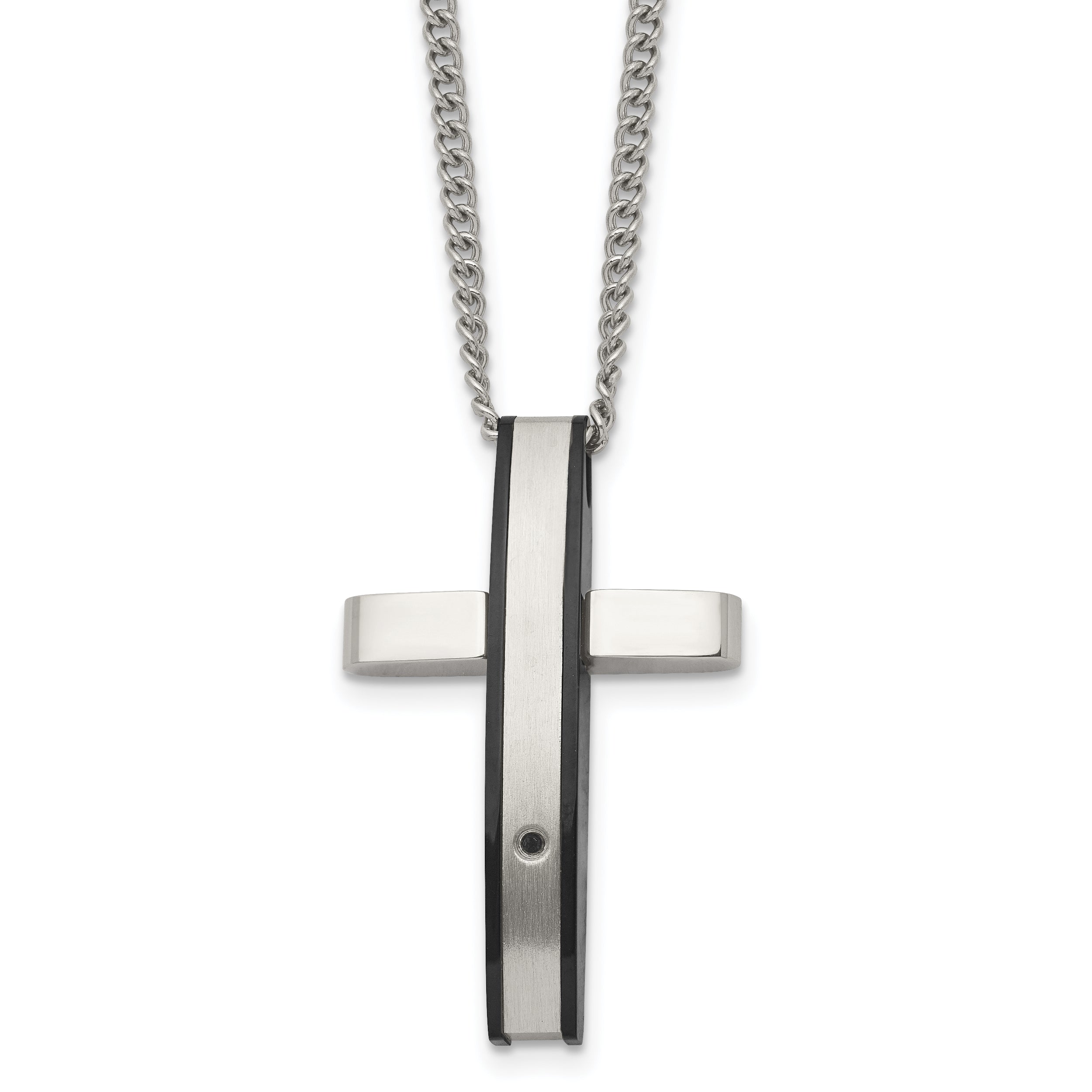 Chisel Stainless Steel Polished Black IP-plated .01 carat Diamond Cross Pendant on a 24 inch  Curb Chain Necklace