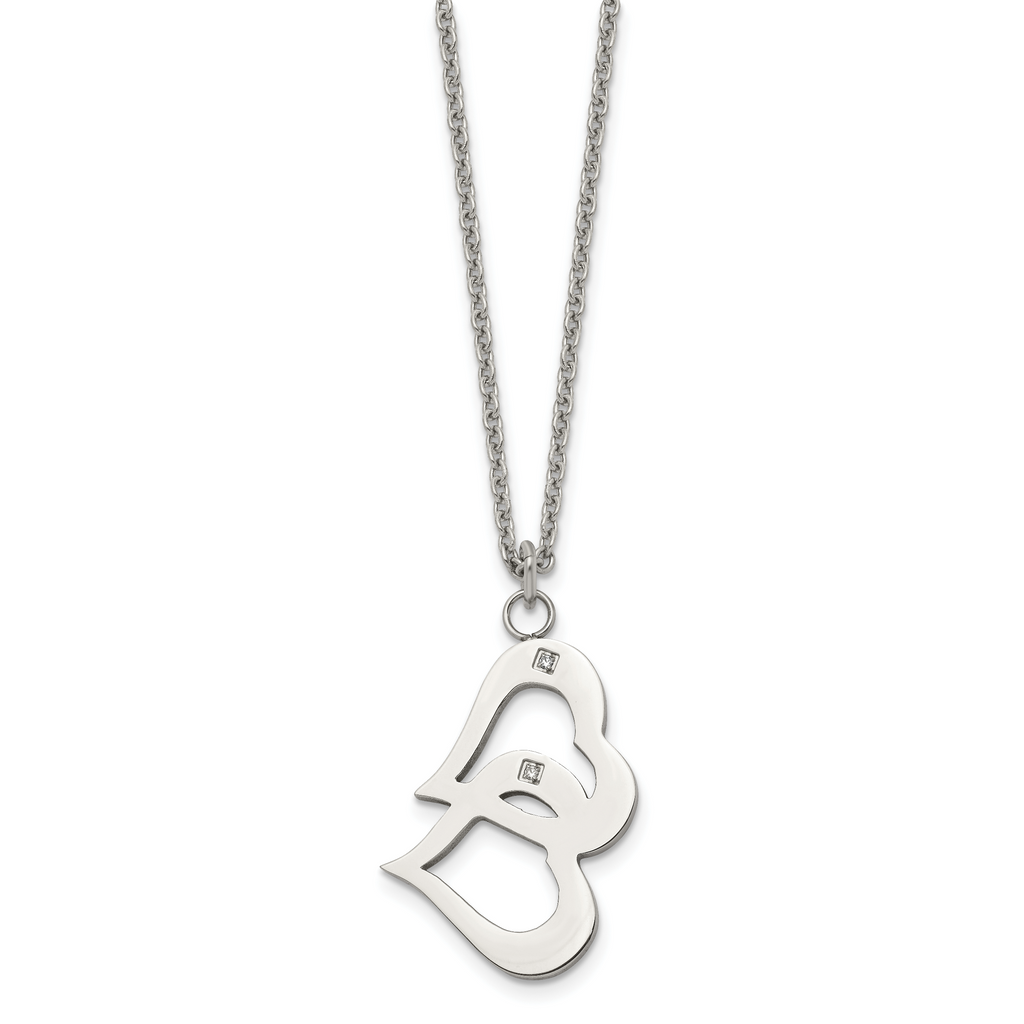 Stainless Steel Polished w/CZ Hearts 16.5in w/2in ext Necklace