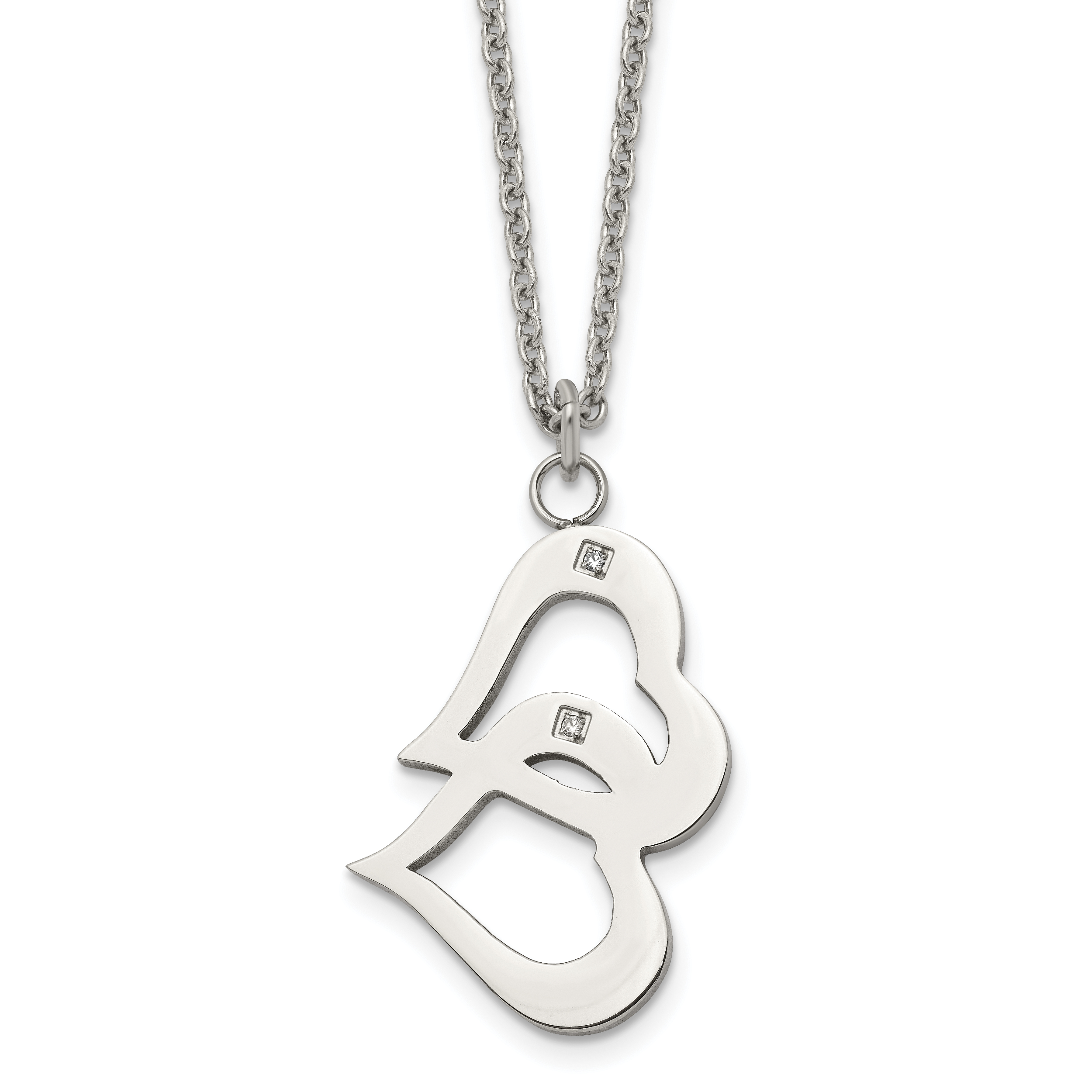 Stainless Steel Polished w/CZ Hearts 16.5in w/2in ext Necklace Main image