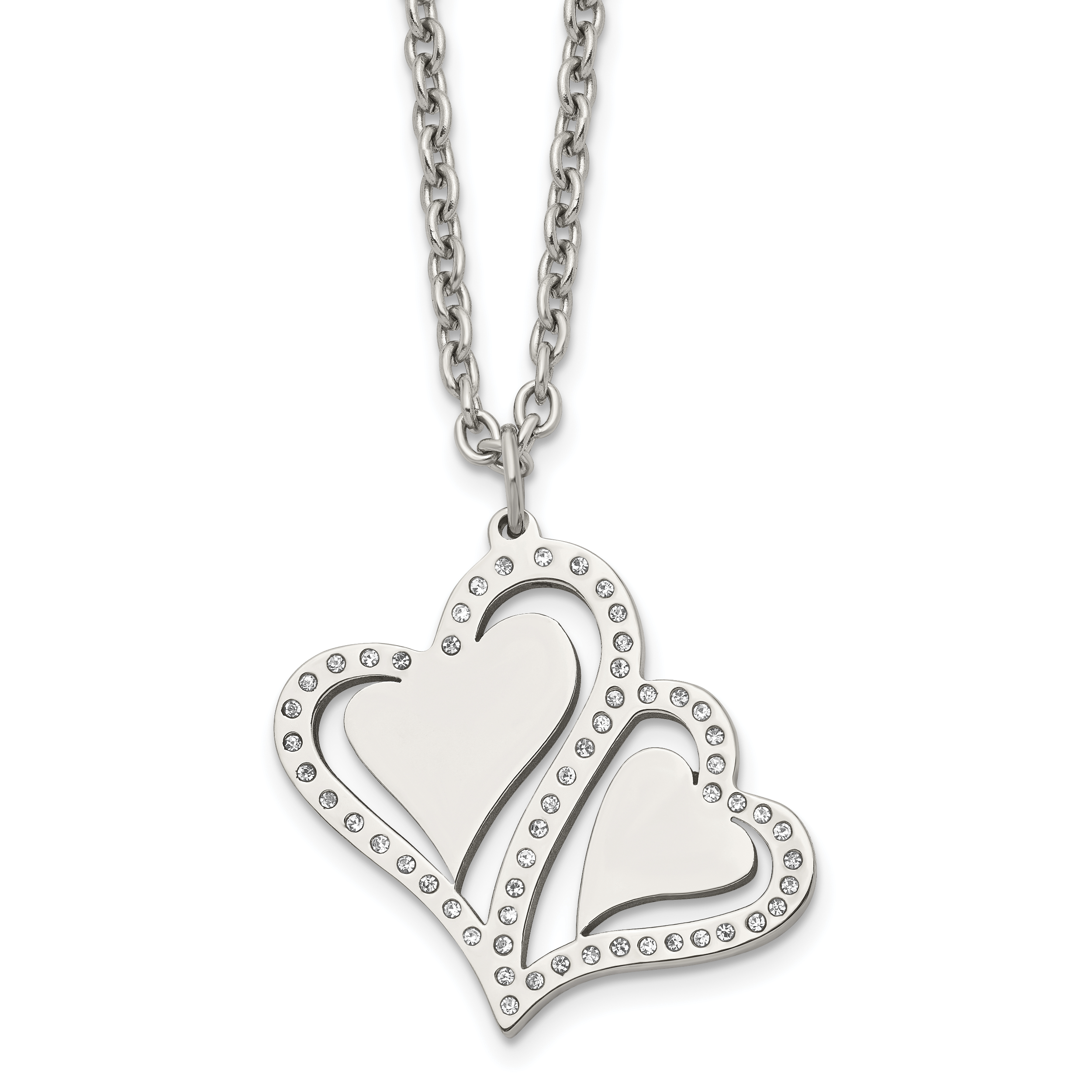 Stainless Steel Polished w/Crystals Hearts 15.75in w/2.25in ext Necklace Main image