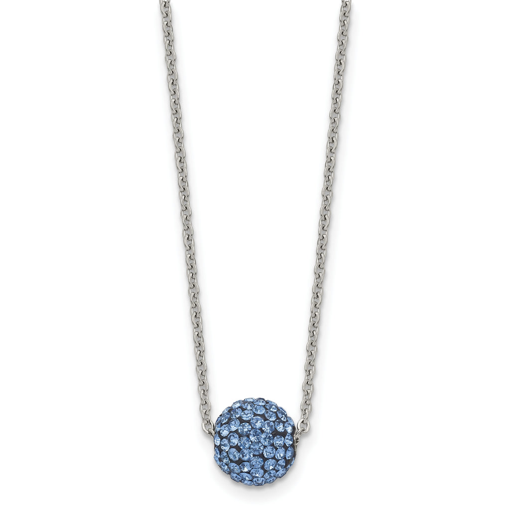 Stainless Steel Polished Blue Enamel w/Crystals 16in w/2in ext Necklace