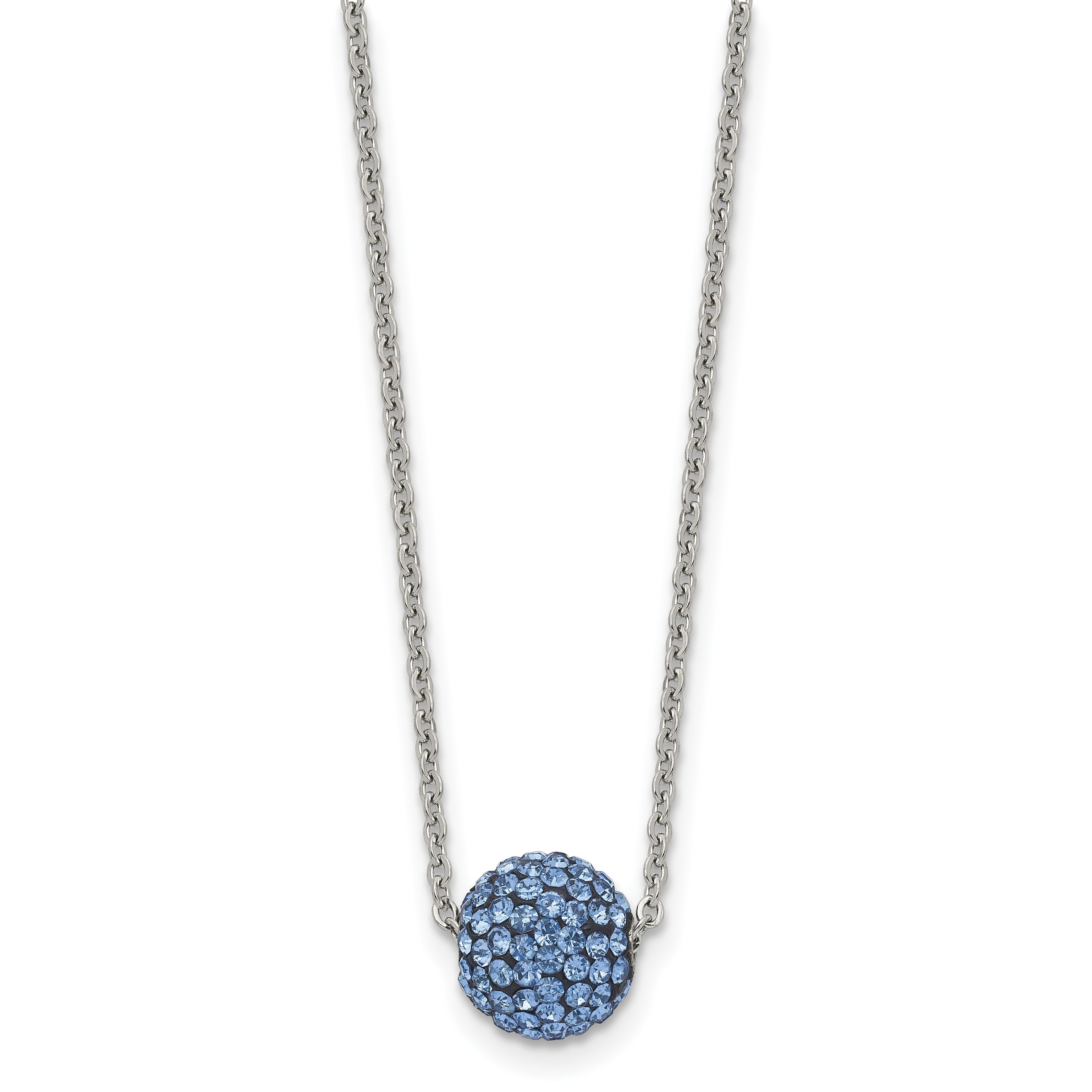 Stainless Steel Polished Blue Enamel w/Crystals 16in w/2in ext Necklace