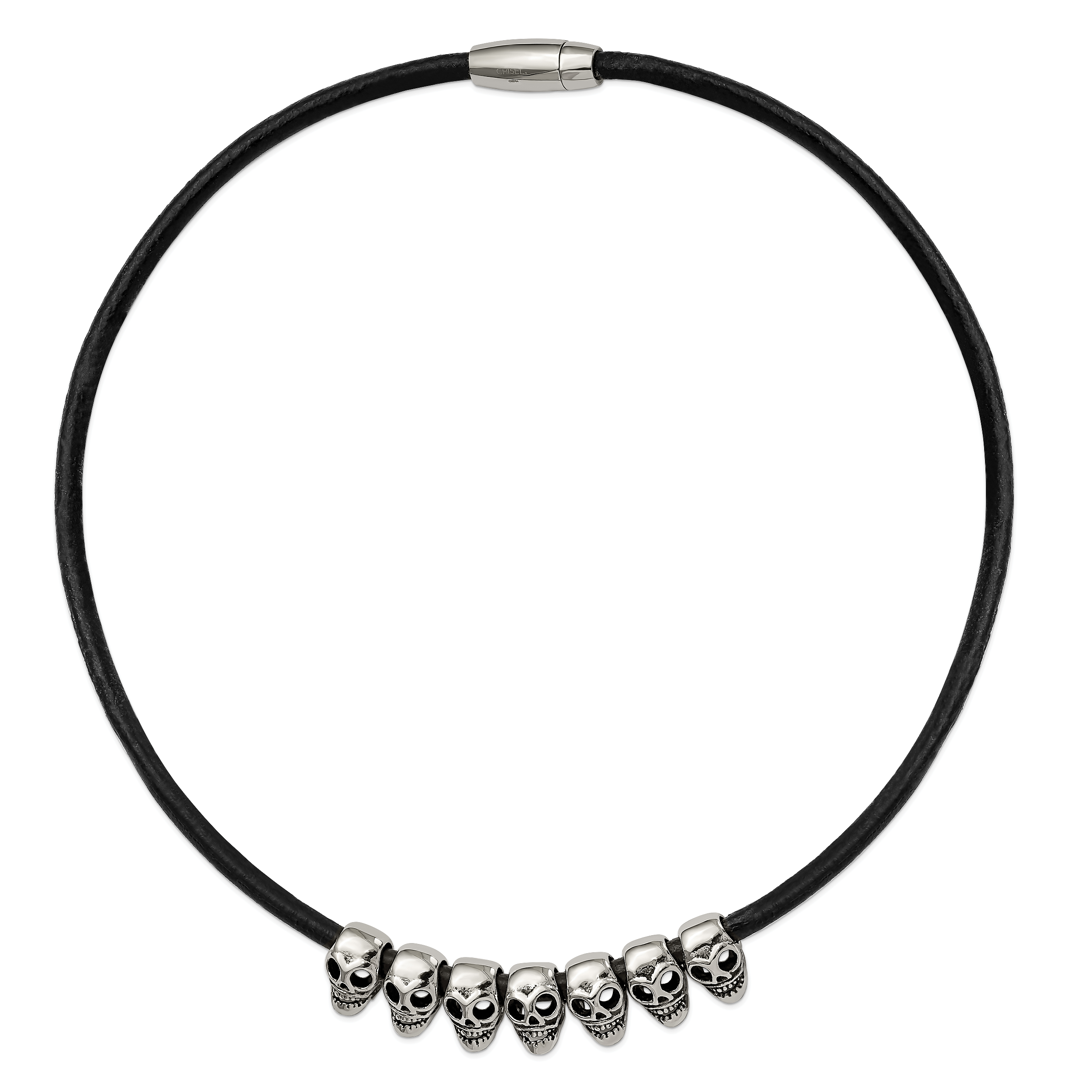 Stainless Steel Antiqued/Polished Skulls 18in Black Leather Cord Necklace Secondary image