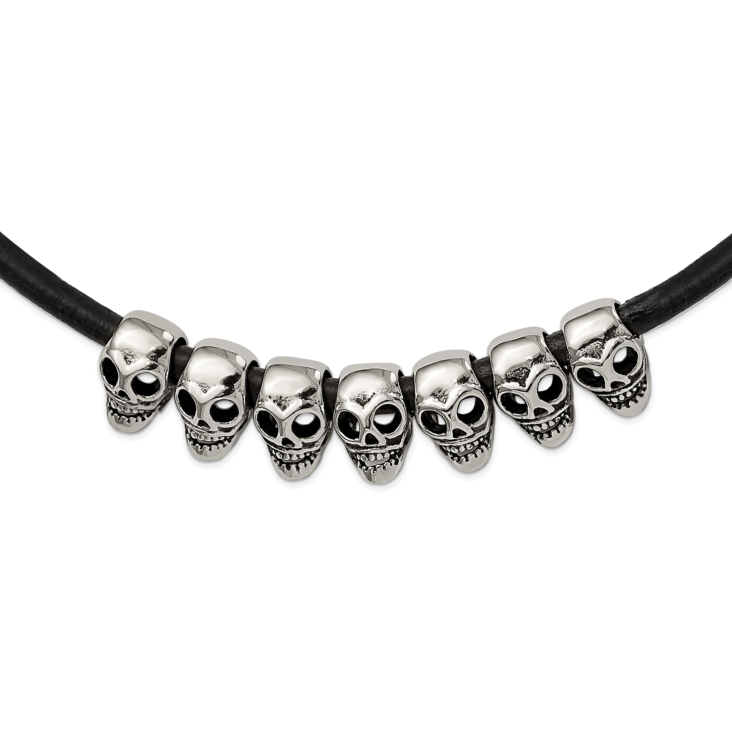 Stainless Steel Antiqued/Polished Skulls 18in Black Leather Cord Necklace Main image