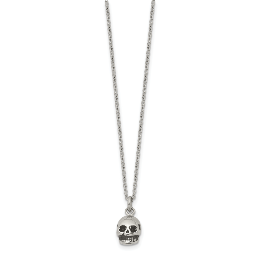 Stainless Steel Polished and Antiqued Skull 19in Necklace