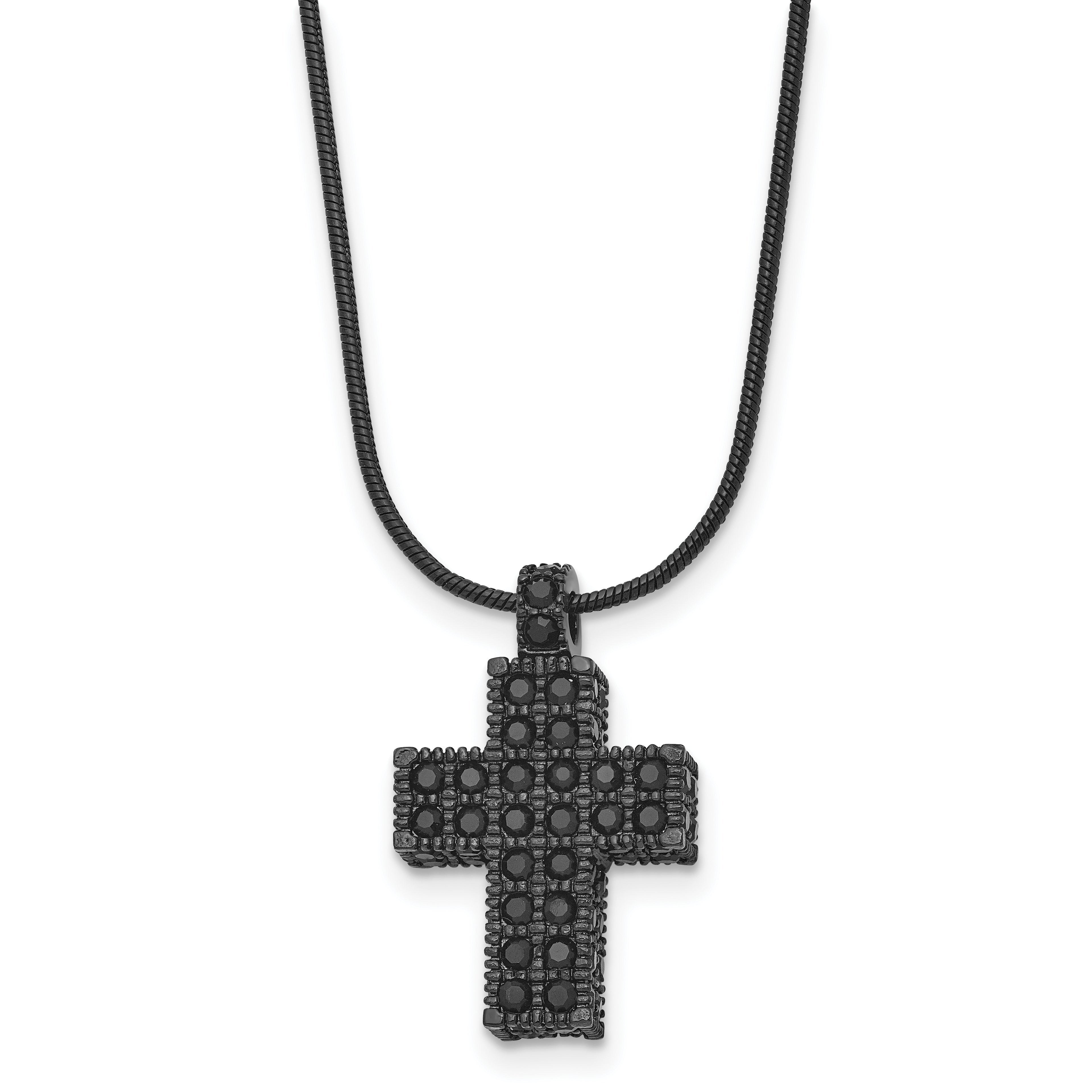 Stainless Steel Polished Black IP Black Crystal Cross w/2in ext Necklace