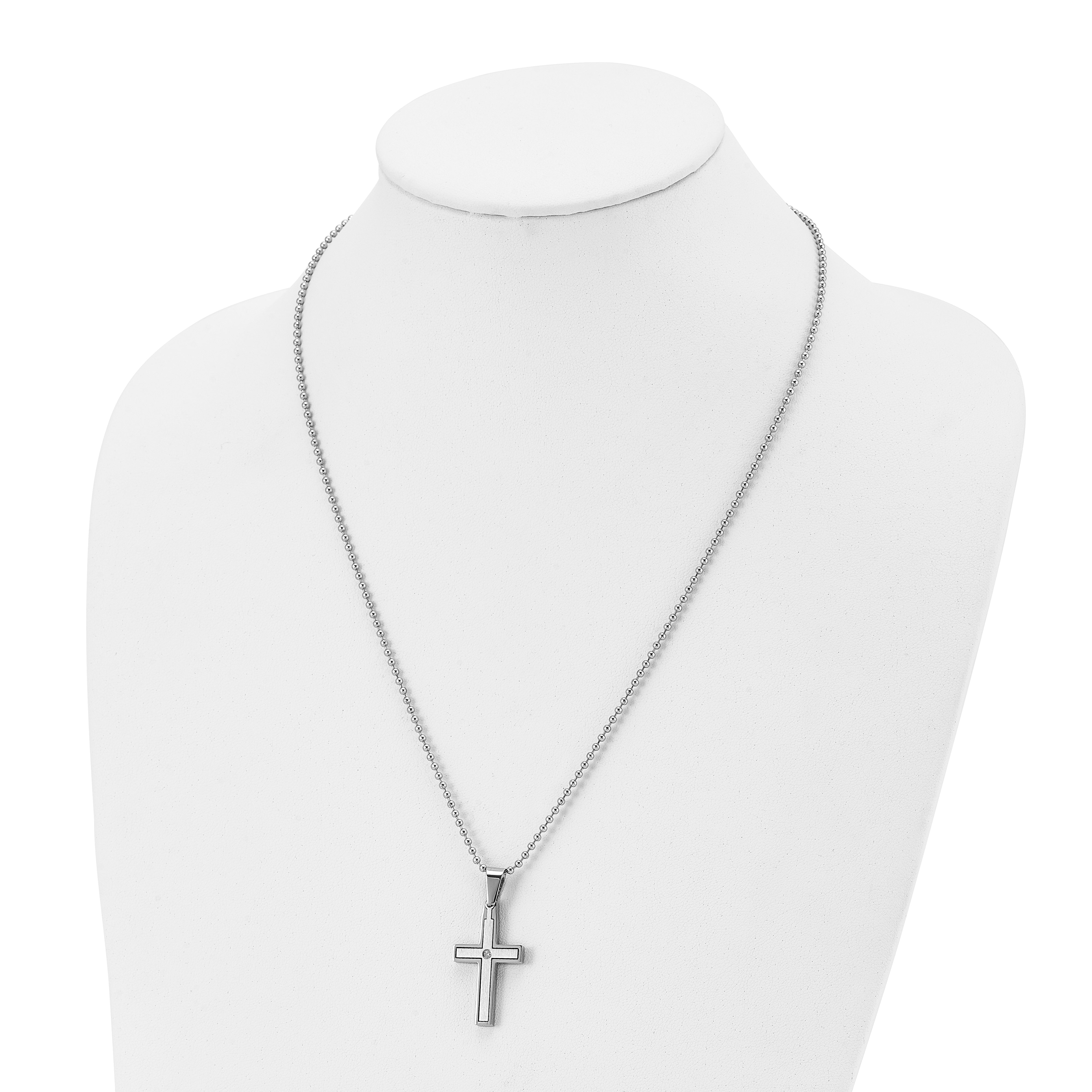 Chisel Stainless Steel Brushed and Polished .03 carat Diamond Cross Pendant on a 22 inch Ball Chain Necklace