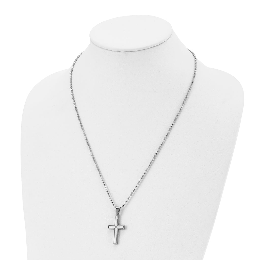 Chisel Stainless Steel Brushed and Polished .03 carat Diamond Cross Pendant on a 22 inch Ball Chain Necklace