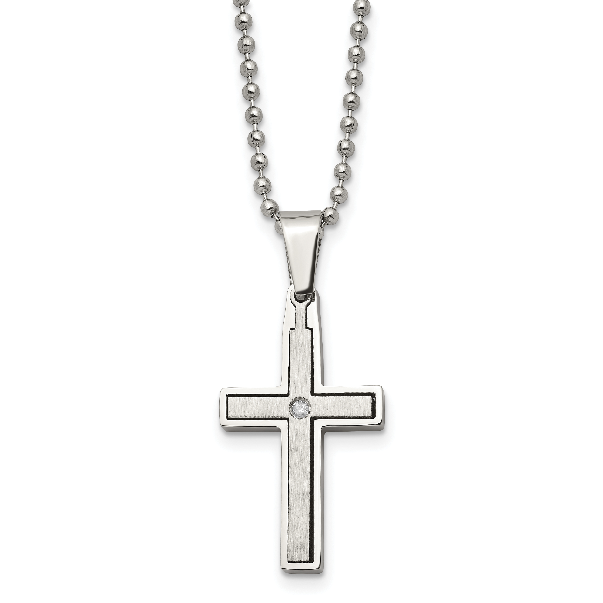 Chisel Stainless Steel Brushed and Polished .03 carat Diamond Cross Pendant on a 22 inch Ball Chain Necklace Main image