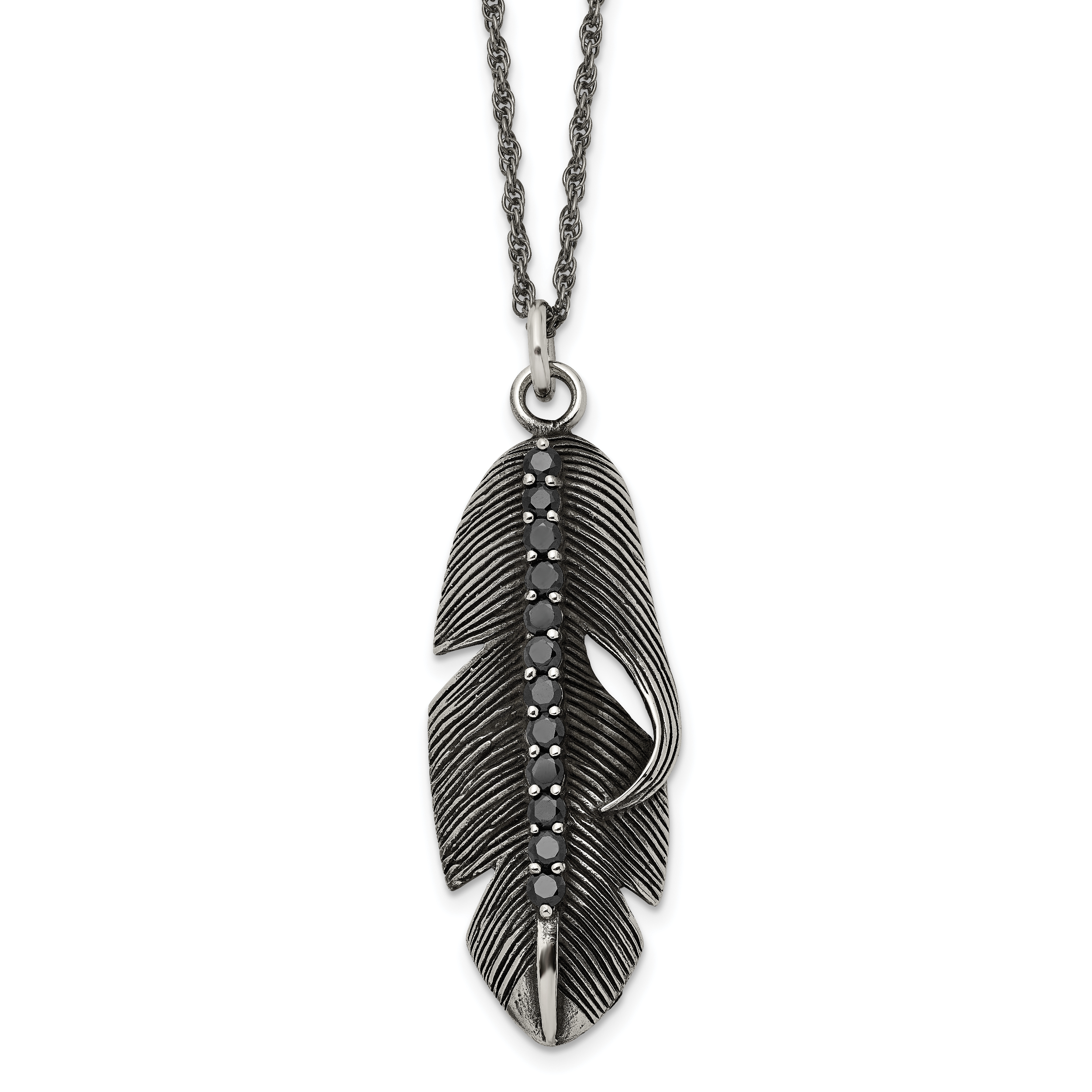 Chisel Stainless Steel Antiqued and Polished with Black CZ Feather Pendant on a 20 inch Singapore Chain Necklace Main image