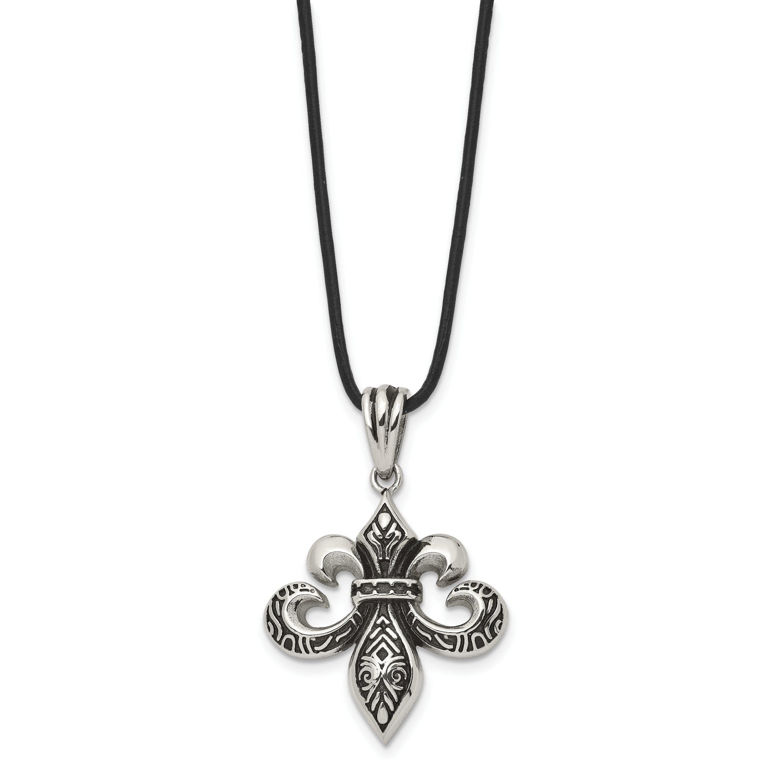 Chisel Stainless Steel Antiqued and Polished Fleur de lis Pendant on a 20 inch Leather Cord Necklace