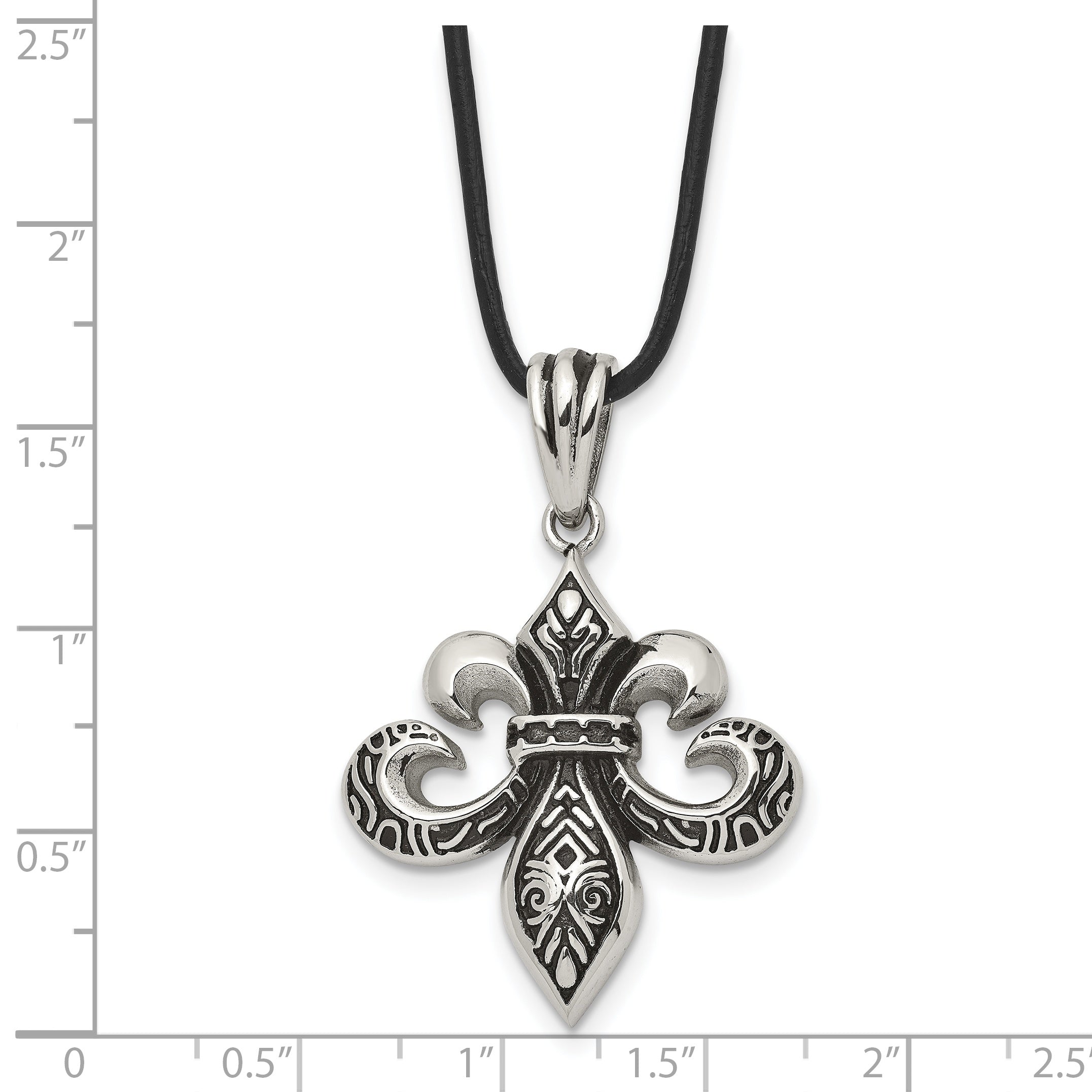 Chisel Stainless Steel Antiqued and Polished Fleur de lis Pendant on a 20 inch Leather Cord Necklace