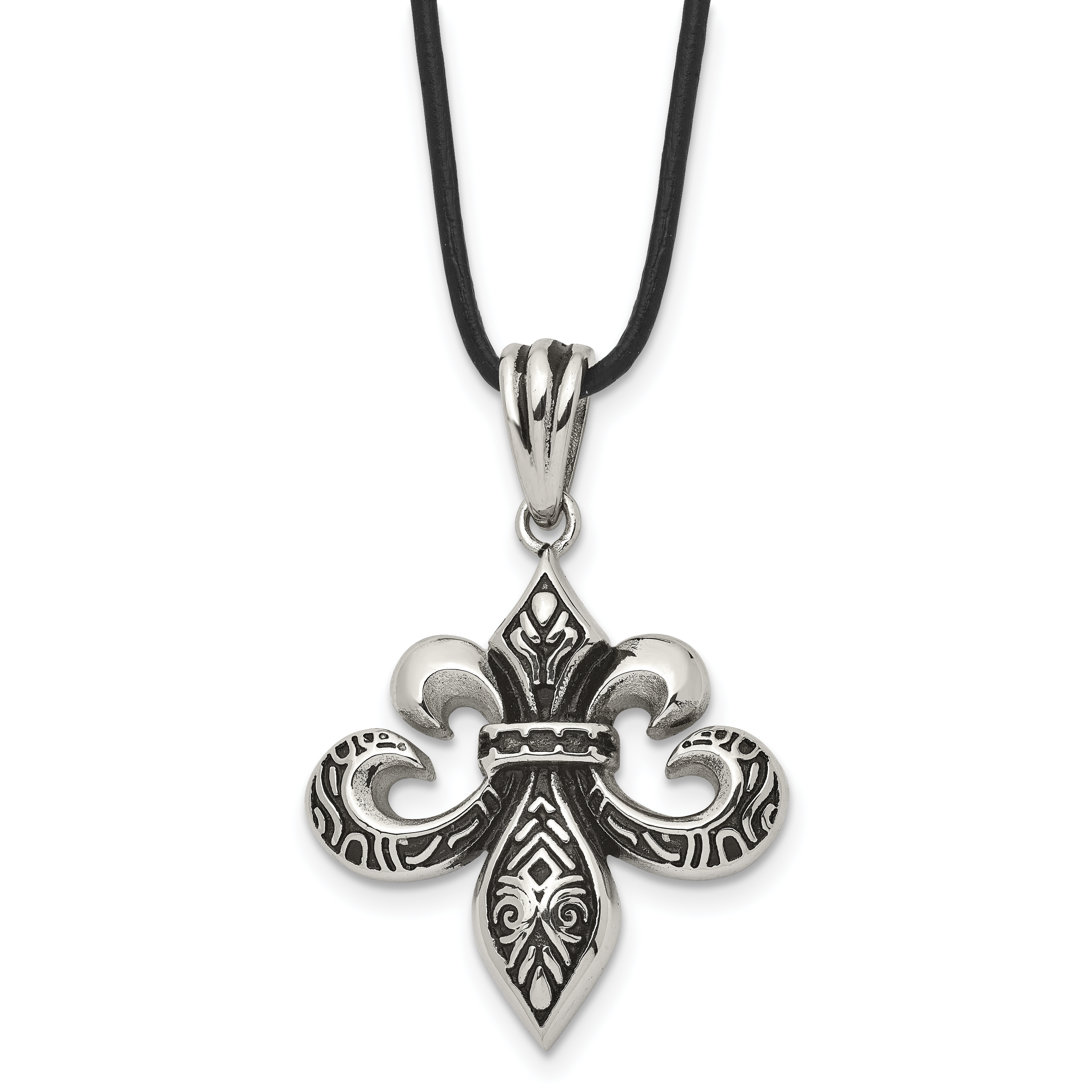 Chisel Stainless Steel Antiqued and Polished Fleur de lis Pendant on a 20 inch Leather Cord Necklace Main image
