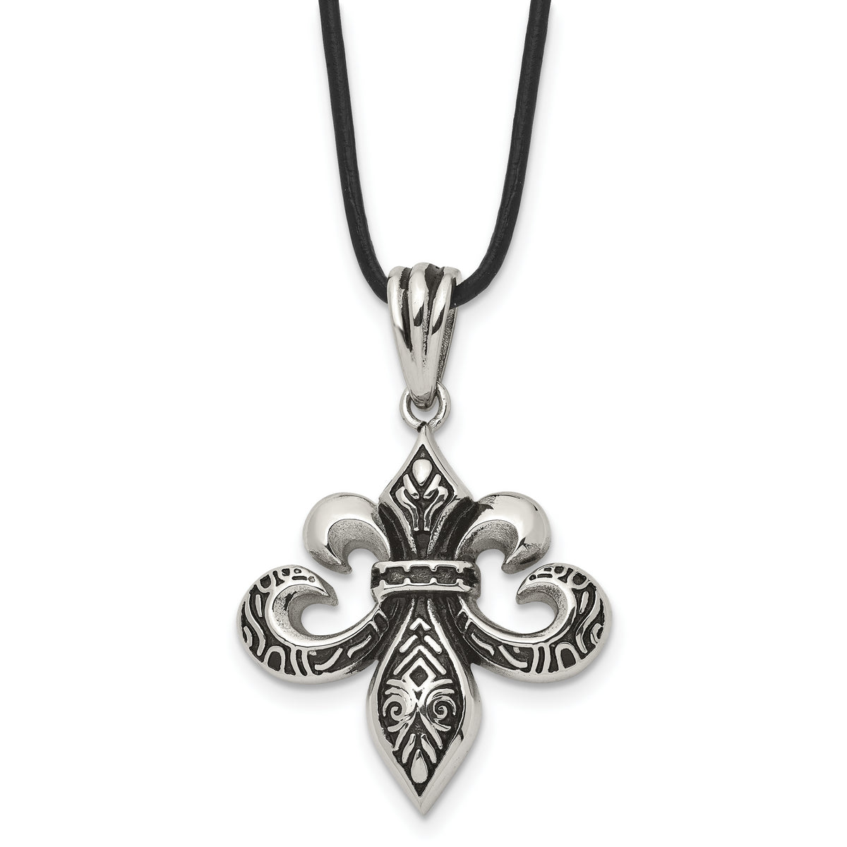 Chisel Stainless Steel Antiqued and Polished Fleur de lis Pendant on a 20 inch Leather Cord Necklace