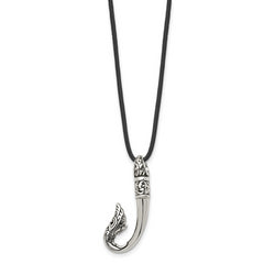 Chisel Stainless Steel Antiqued and Polished Hook Pendant on a 20 inch Black Leather Cord Necklace