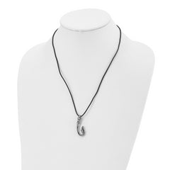 Chisel Stainless Steel Antiqued and Polished Hook Pendant on a 20 inch Black Leather Cord Necklace