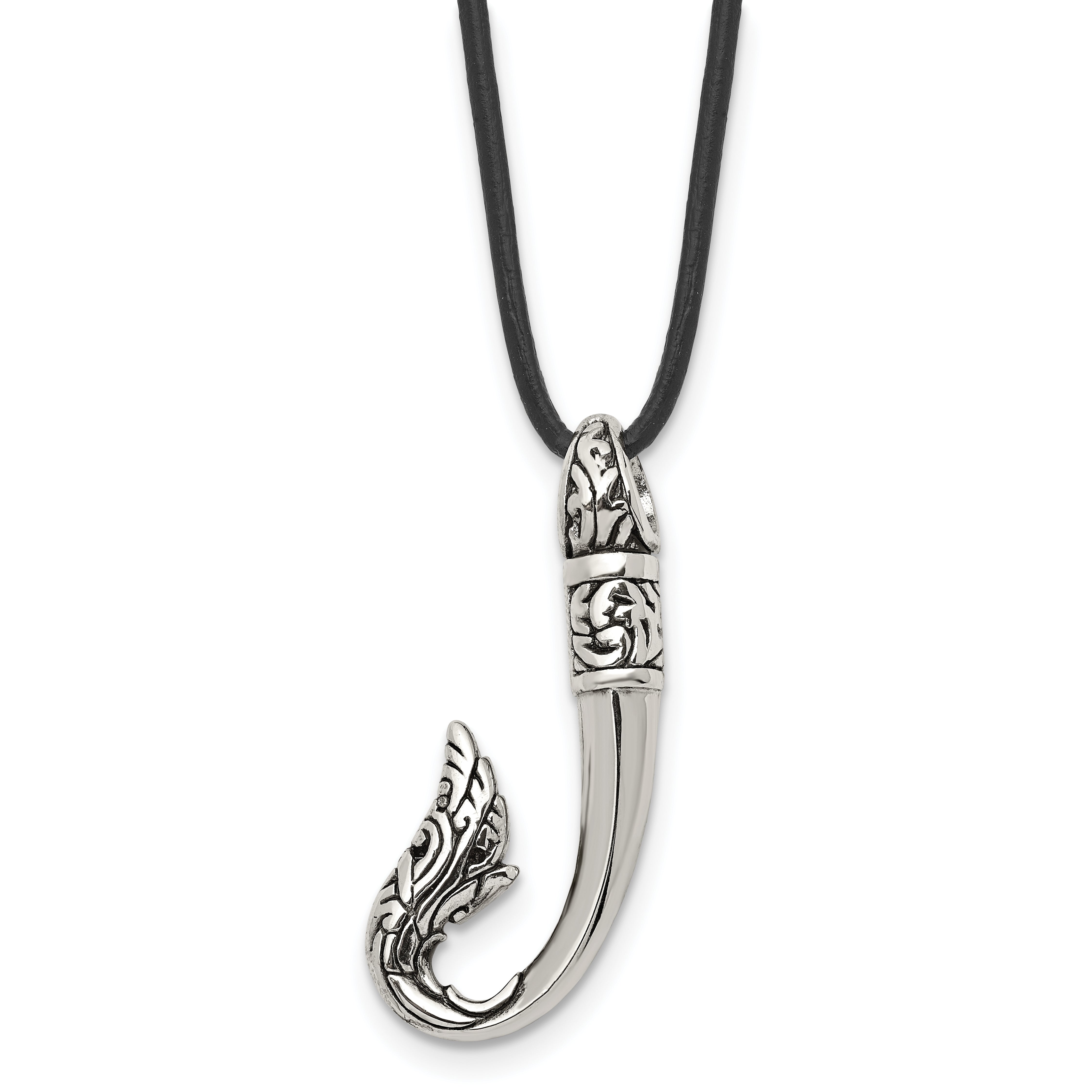Chisel Stainless Steel Antiqued and Polished Hook Pendant on a 20 inch Black Leather Cord Necklace Main image